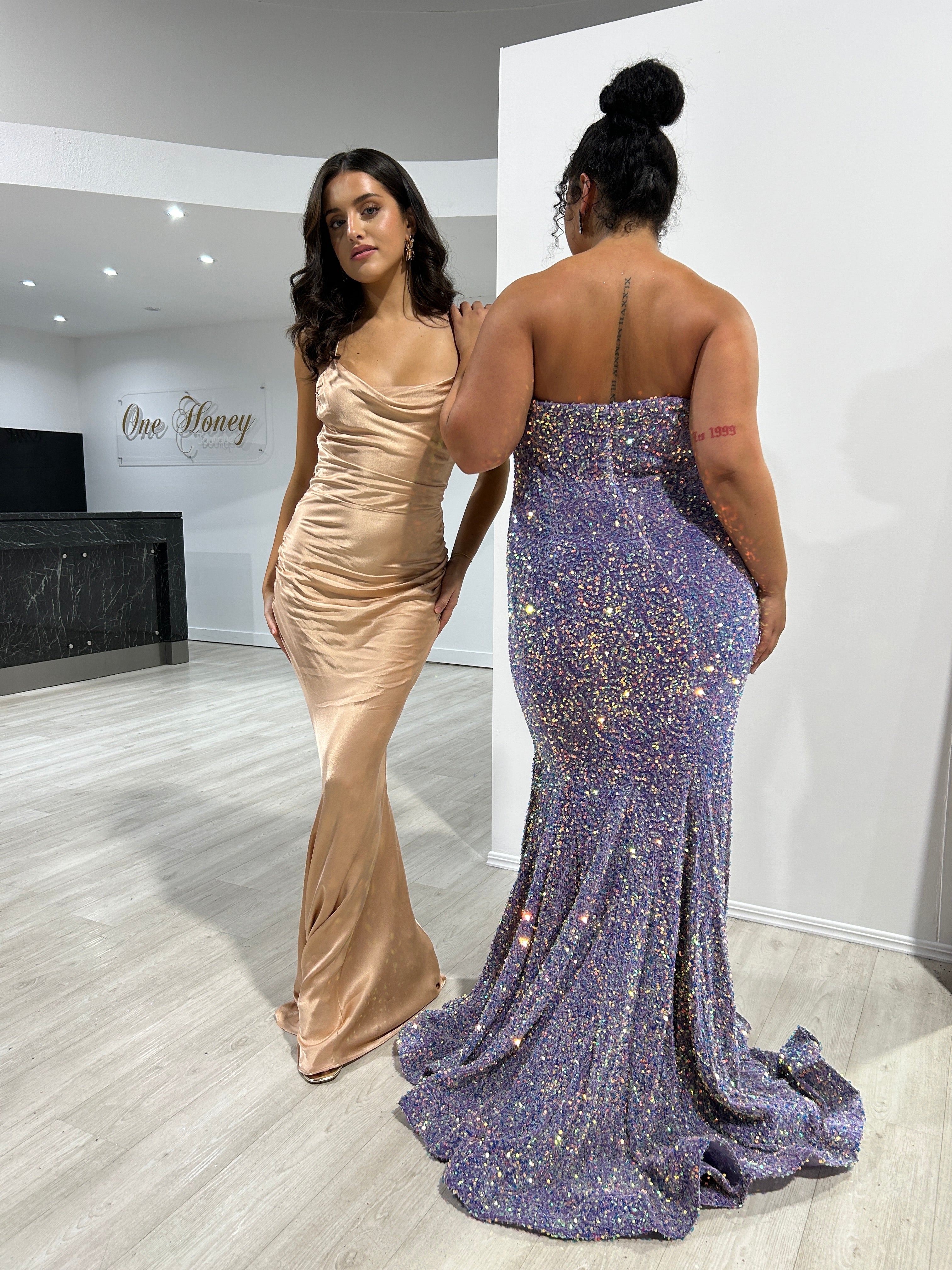 TIARN Satin Low Back Midi Semi Formal Dress with cowl neckline and lace-up back, beside a glitter gown. Brisbane to Gold Coast, Australia.