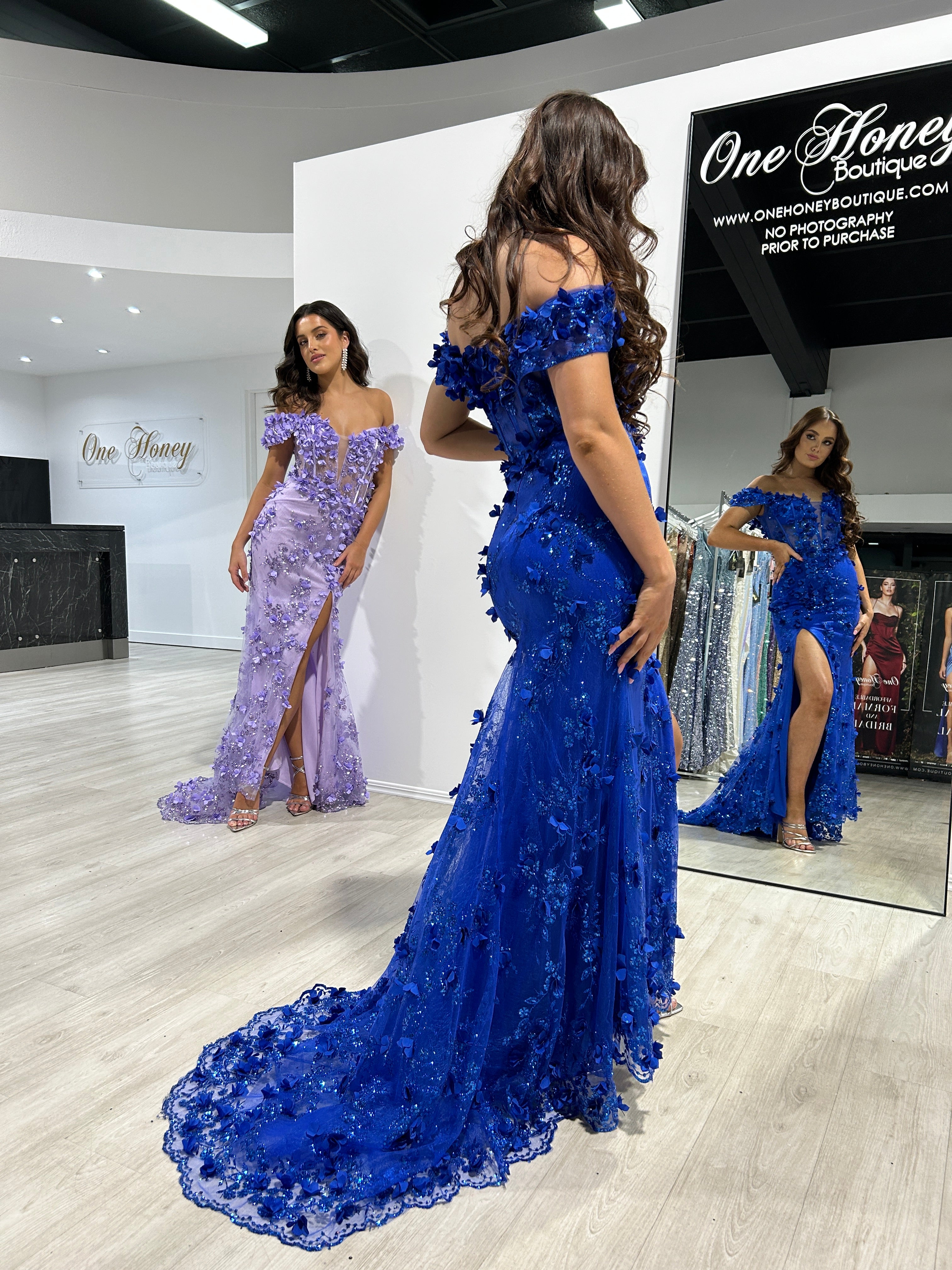 LARRISA Glitter 3D Flower Applique Off the Shoulder Mermaid Formal Dress, featuring floral details and mermaid silhouette, showcased in store. Brisbane to Gold Coast.