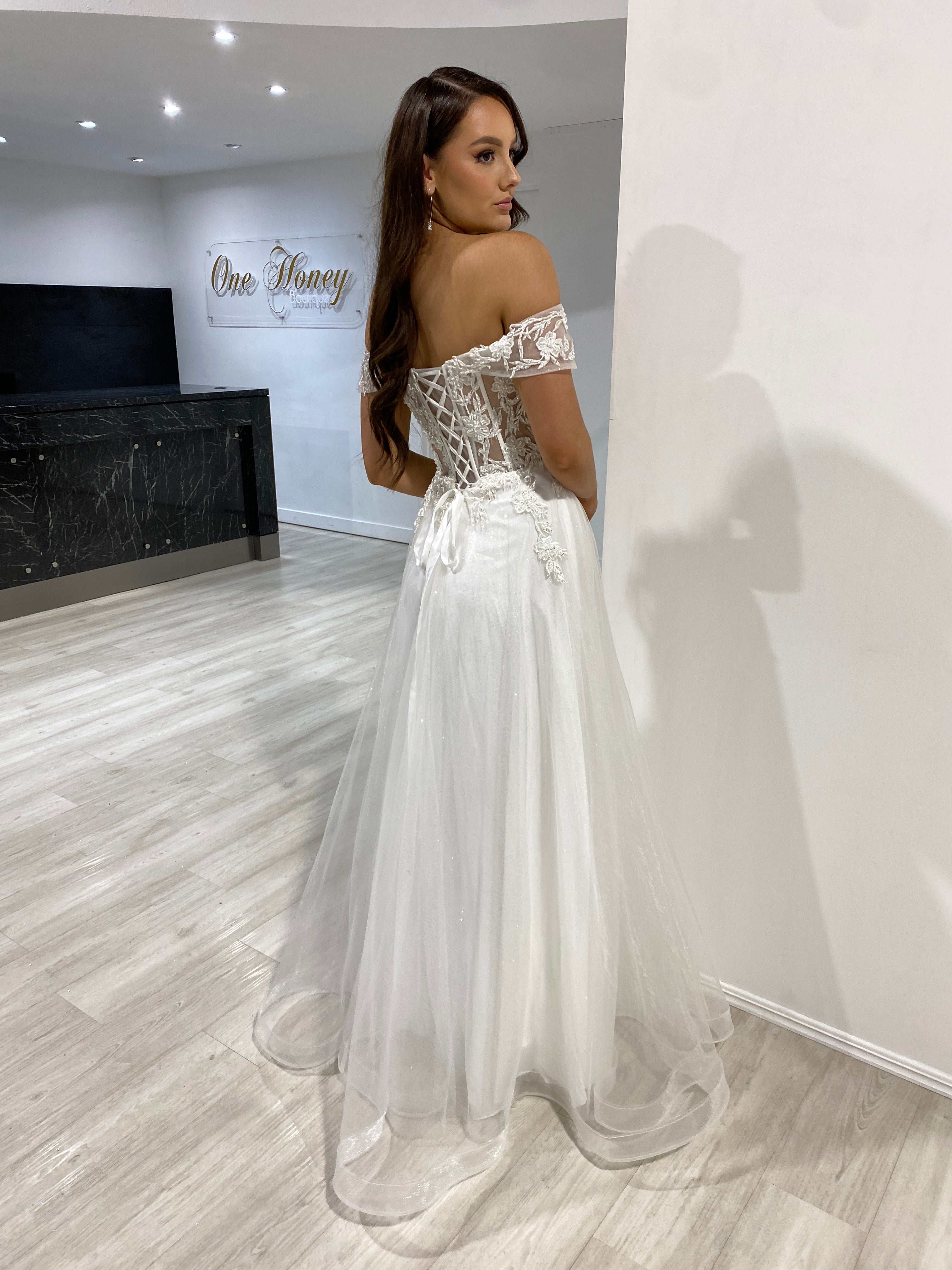Honey Couture DEJA White Lace Applique Corset Ballgown