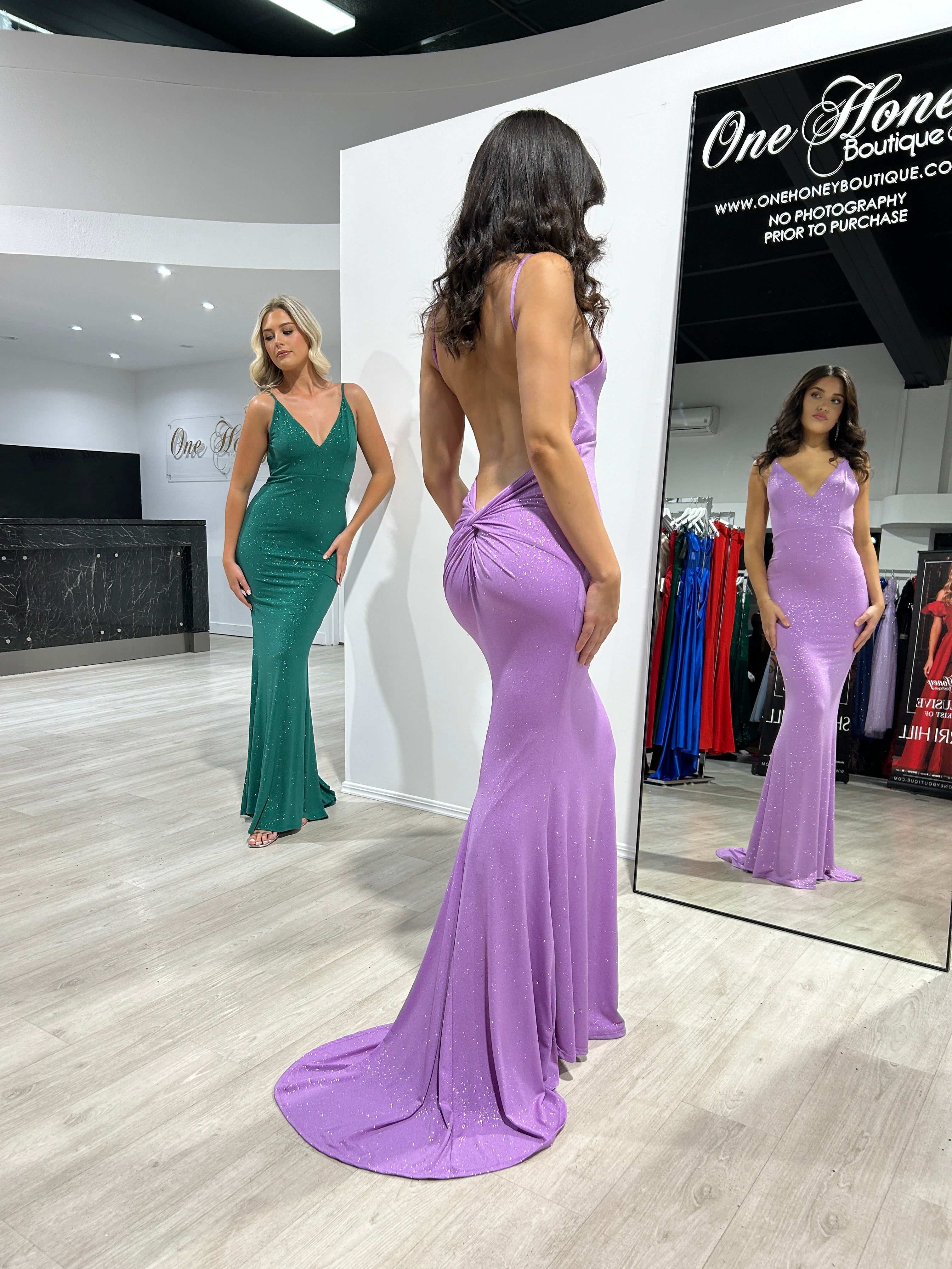 Honey Couture SKY Lavender Purple Bum Scrunch Low Back Mermaid Formal Dress