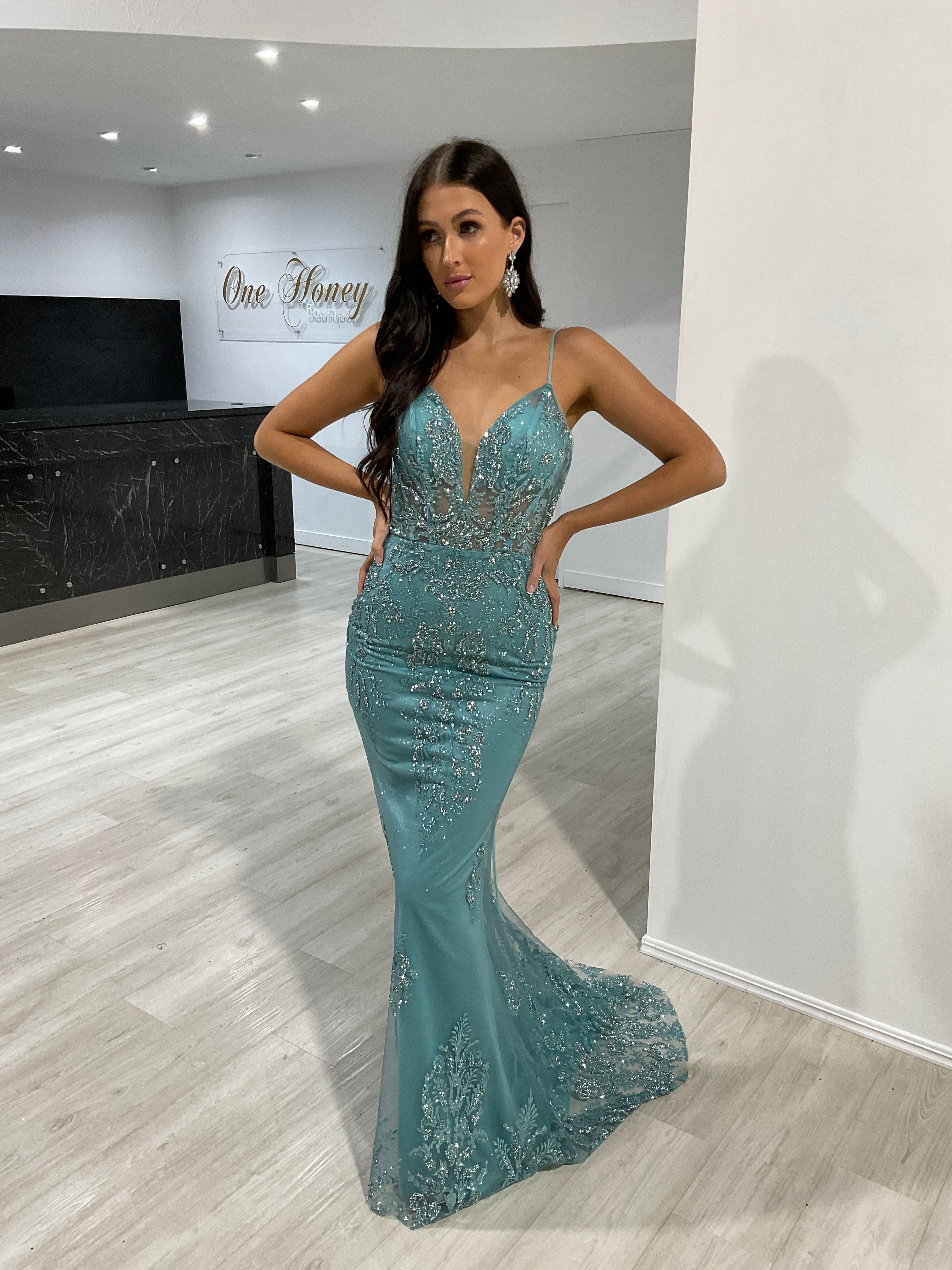Honey Couture SHONTAE Dusty Blue Sequin Corset Mermaid Formal Gown Dress