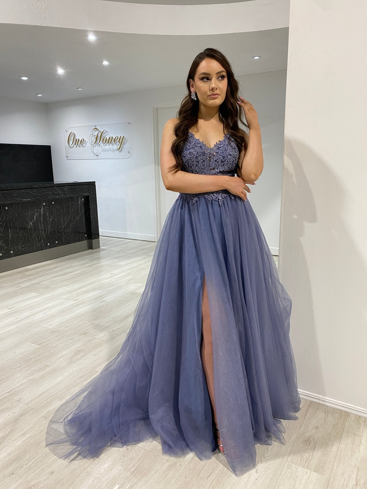 Honey Couture NORAN Smokey Purple Diamanté Tulle Corset Back Formal Gown Dress in Australia | One Honey Boutique