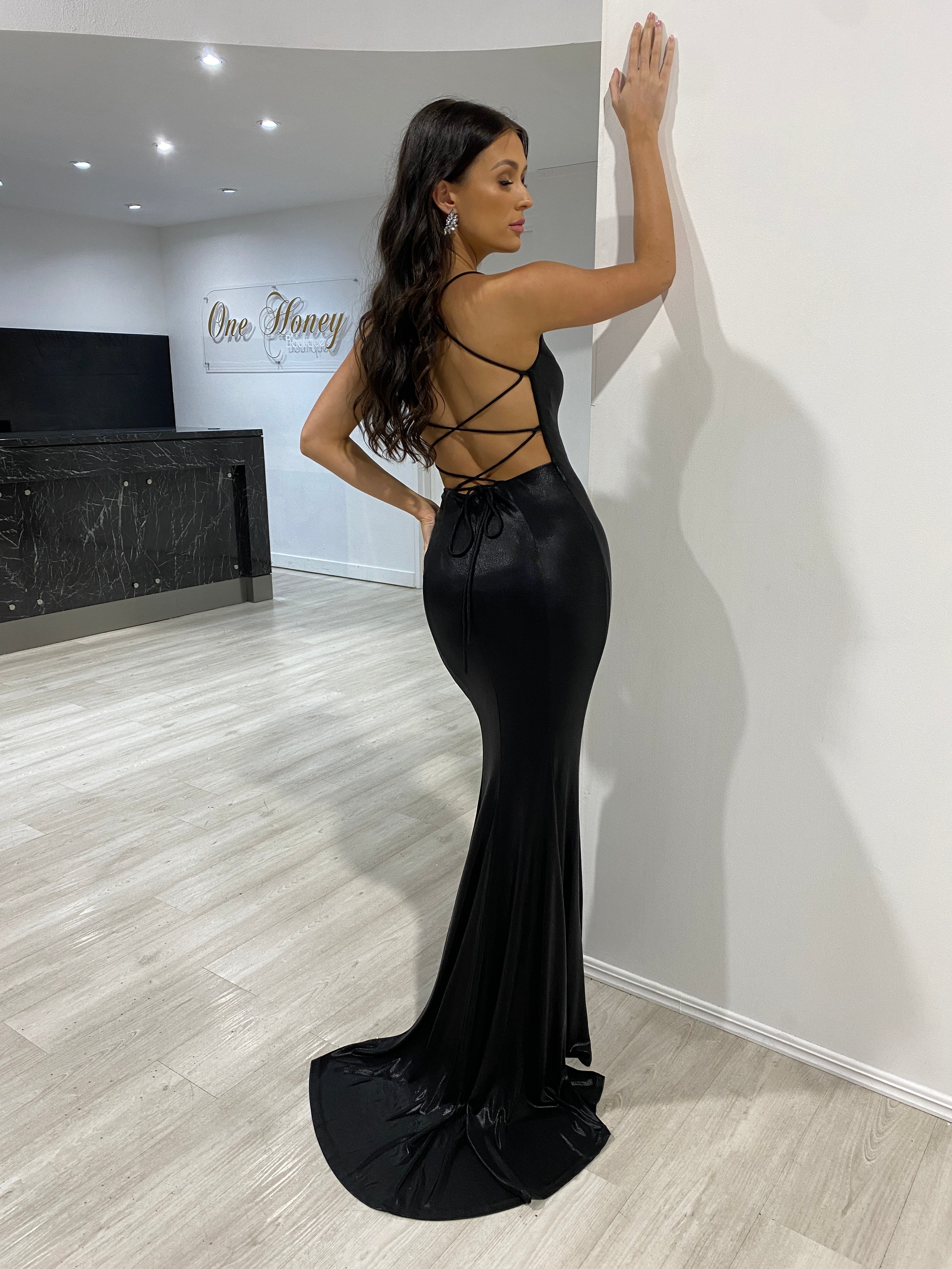 Woman wearing Honey Couture DITA Black Lace Up Corset Mermaid Formal Dress, Australian Designer, Prom Dresses, Evening Gown