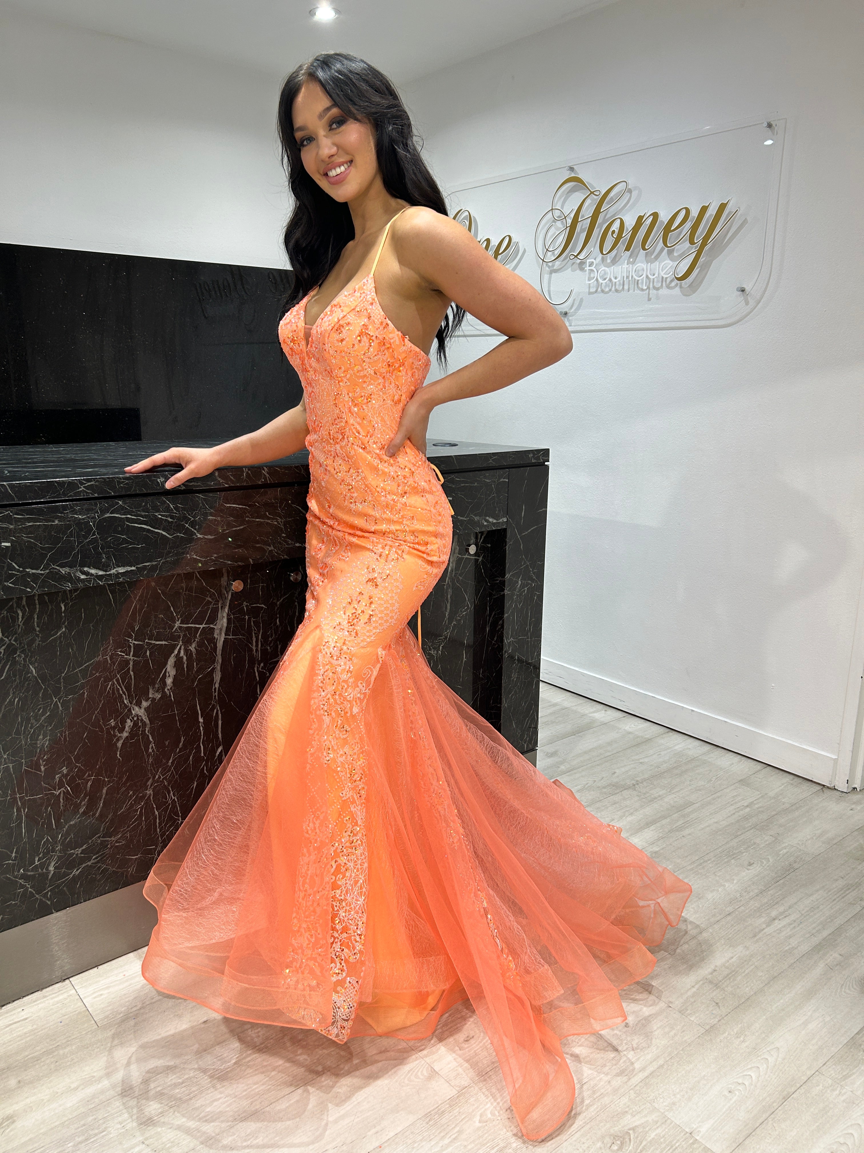Honey Couture SHAYLA Neon Orange Sequin Glitter Fishtail Mermaid Formal Dress