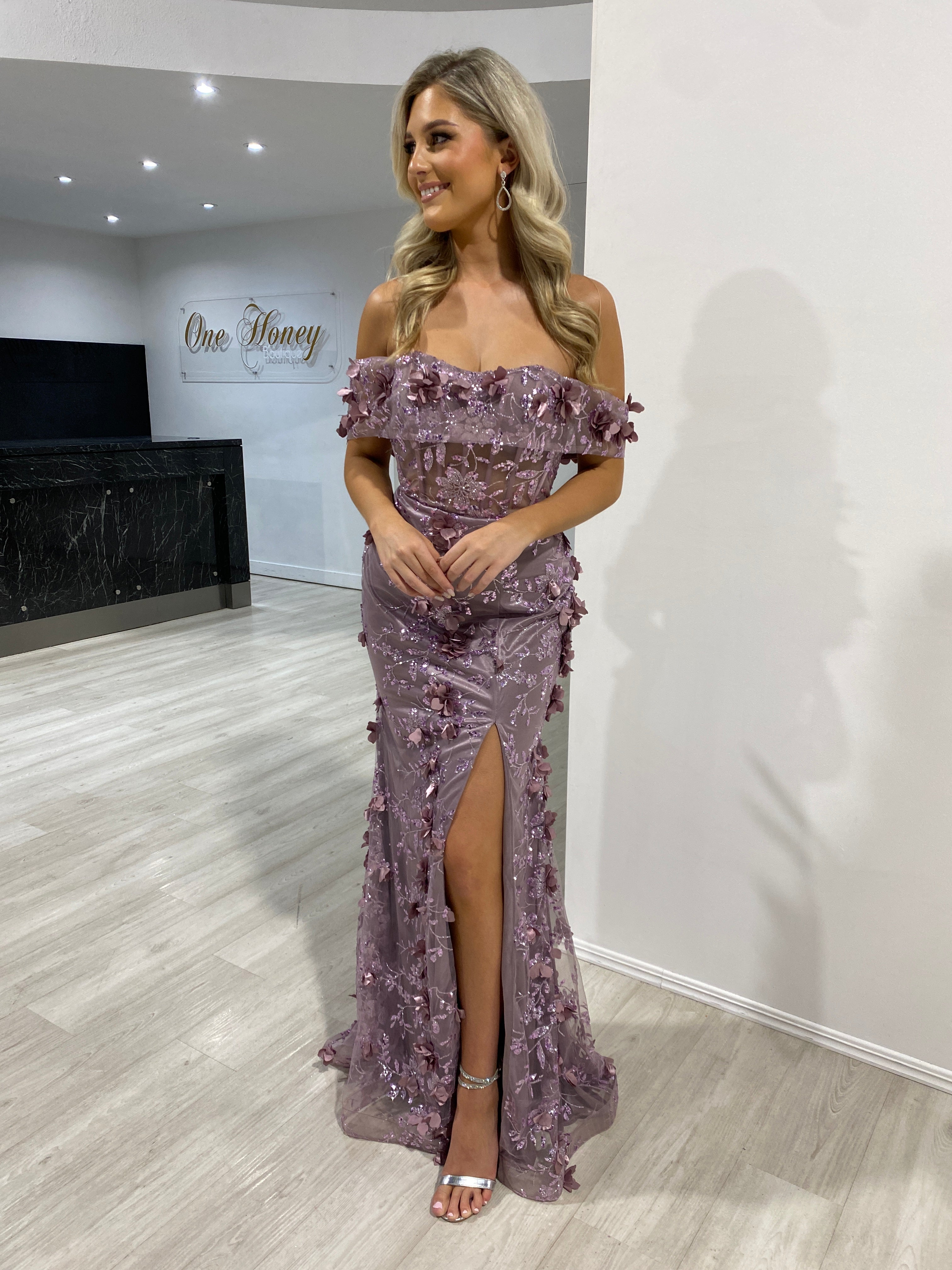 Honey Couture ZOA Mauve Off the Shoulder 3D Flower Glitter Mermaid Formal Dress
