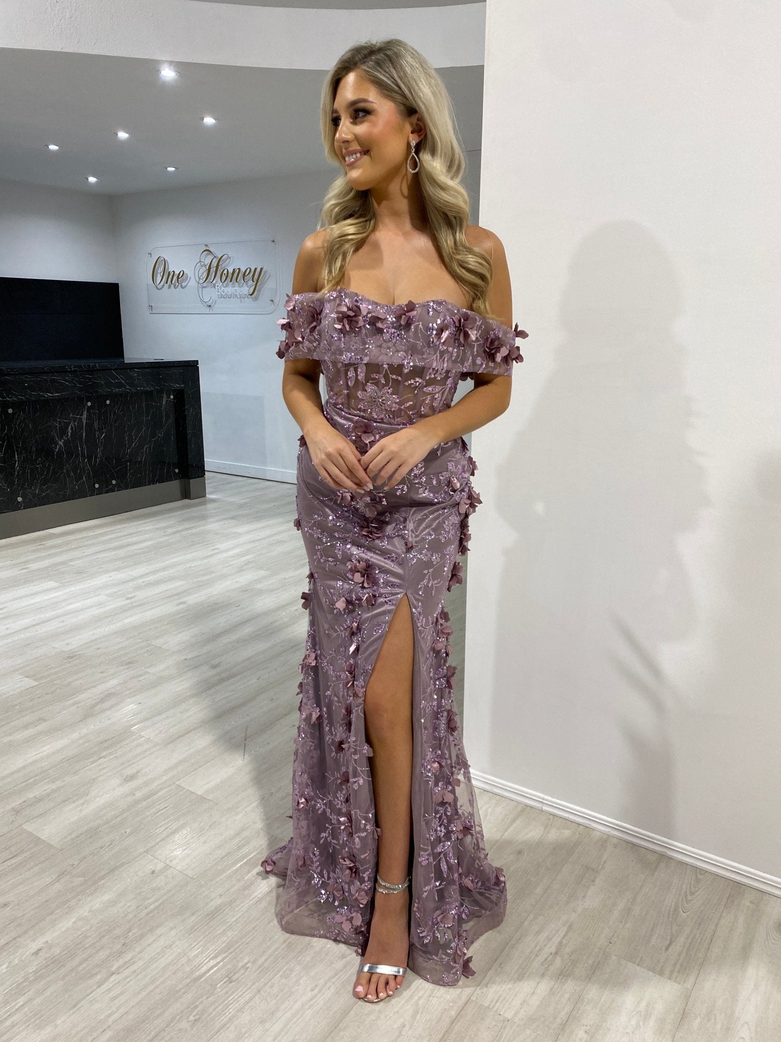 Honey Couture ZOA Mauve Off the Shoulder 3D Flower Glitter Mermaid Formal Dress in Australia | One Honey Boutique