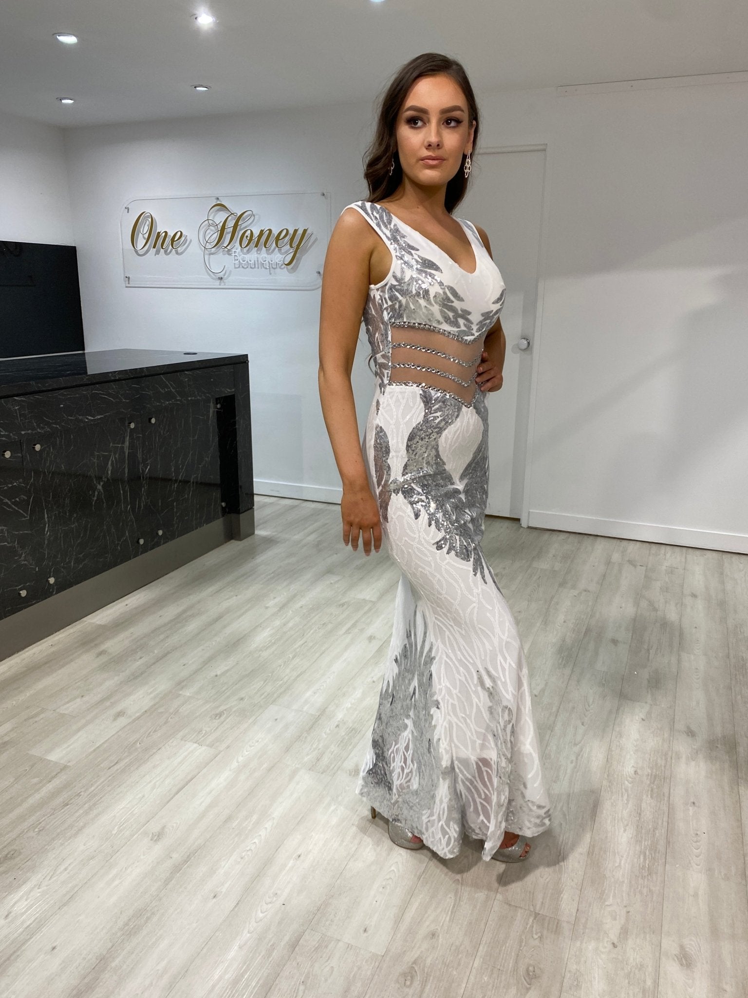 Honey Couture LEIGHTON White Mesh Sequin Formal Dress in Australia | One Honey Boutique