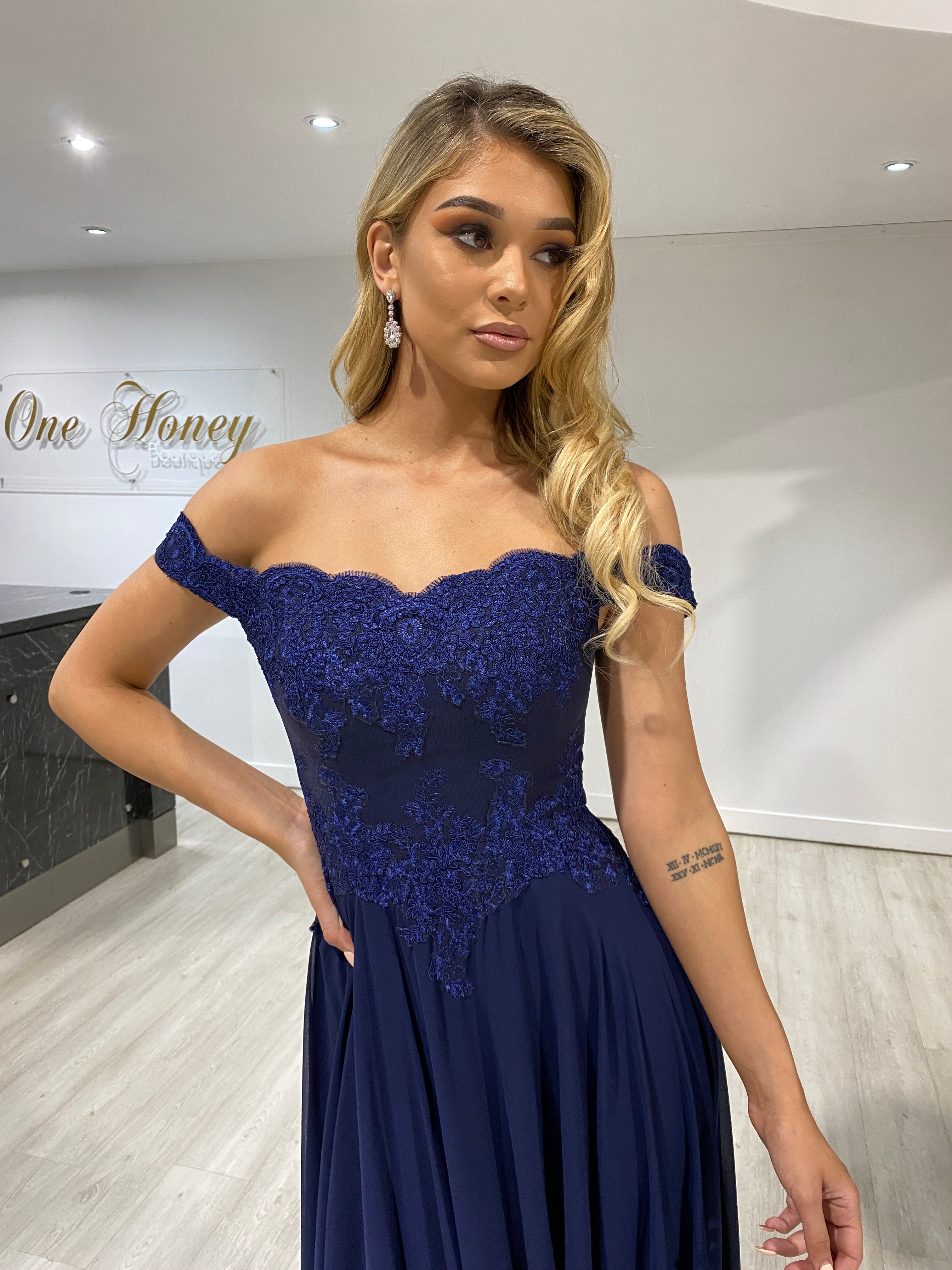 Honey Couture CARMEN Navy Blue Lace Applique Chiffon Bridesmaid Formal Dress