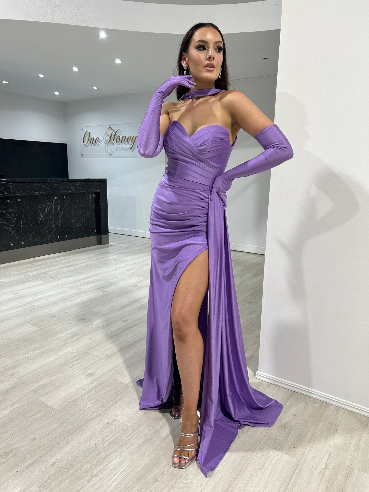 TWYLA Strapless Silky Mermaid Formal Dress with Gloves in Australia | One Honey Boutique