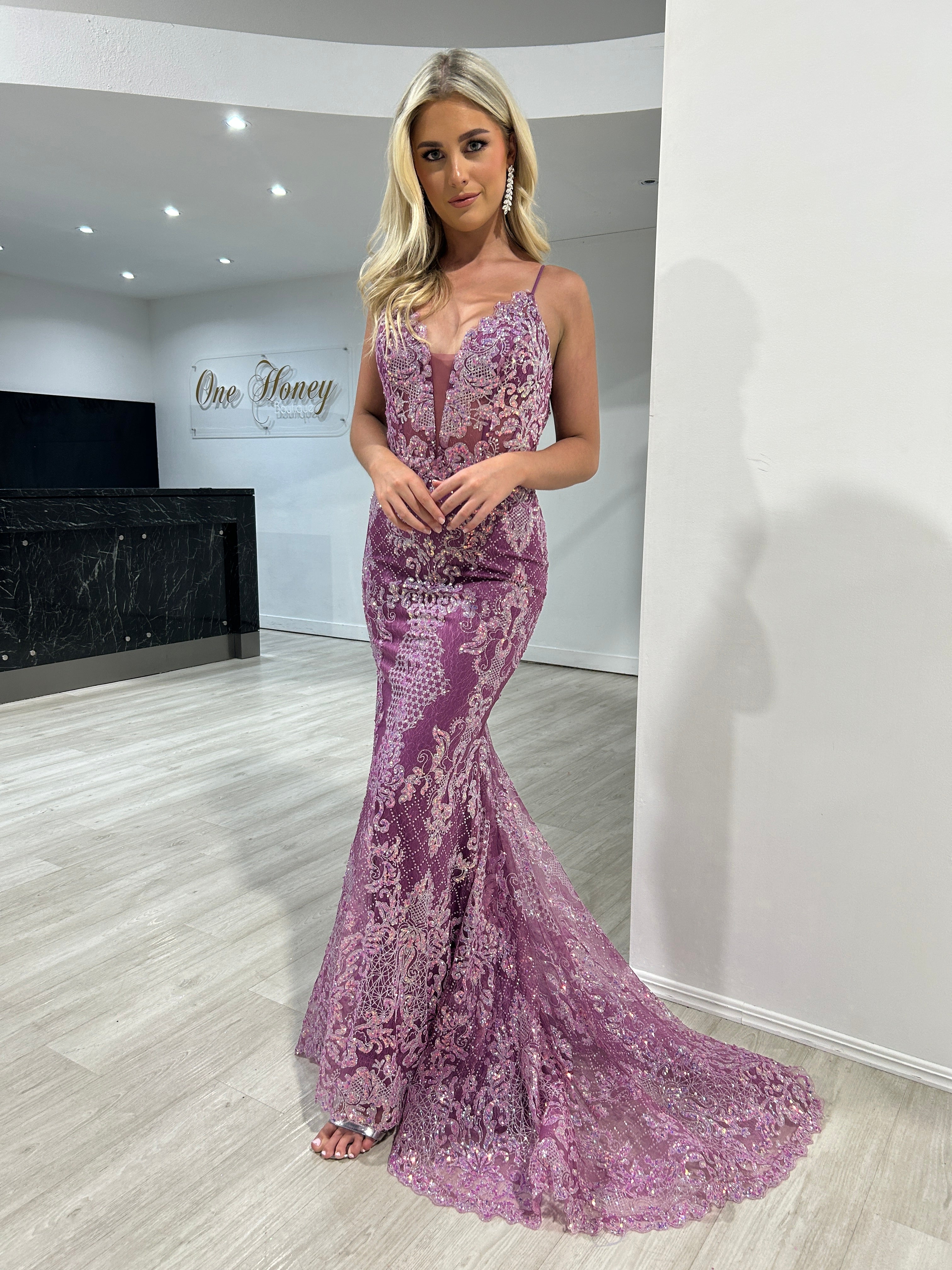 Honey Couture PETRA Amethyst Sequin V Front Corset Mermaid Formal Gown Dress