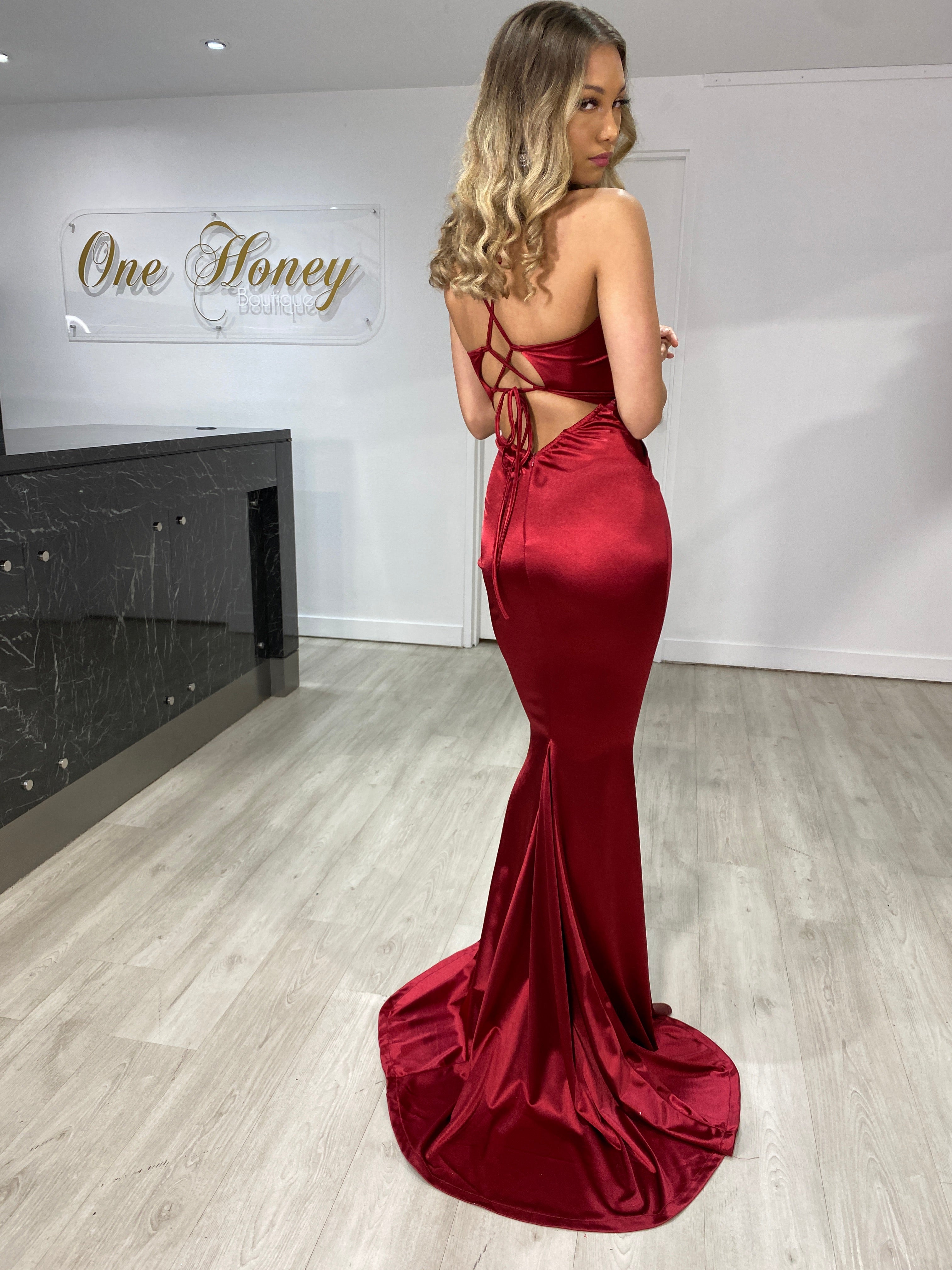 Honey Couture JUSTICE Burgundy Open Back Mermaid Evening Gown Dress