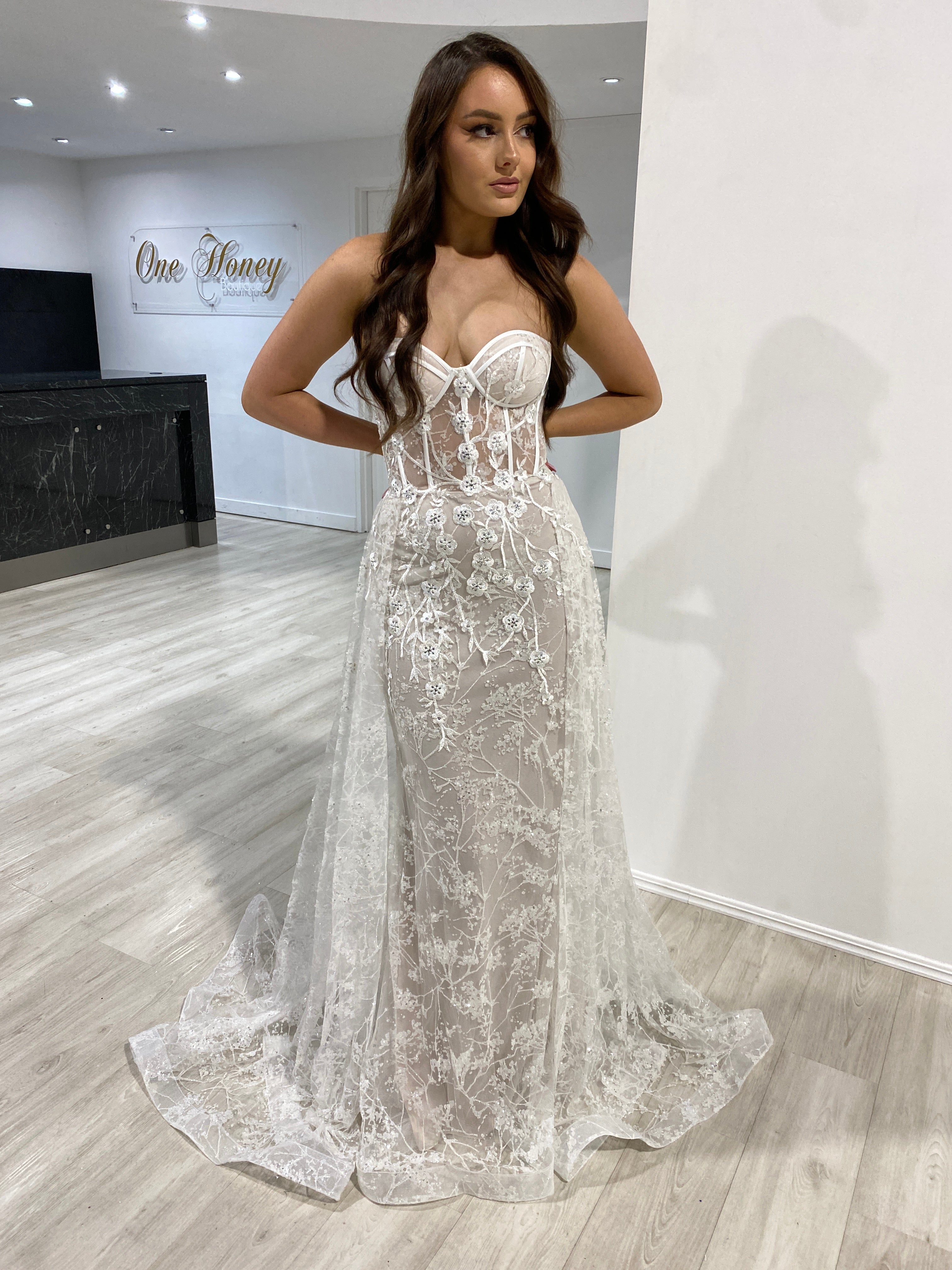 Honey Couture ASTRA off-white strapless corset bridal overskirt dress by Australian designer, perfect for proms and evening occasions.