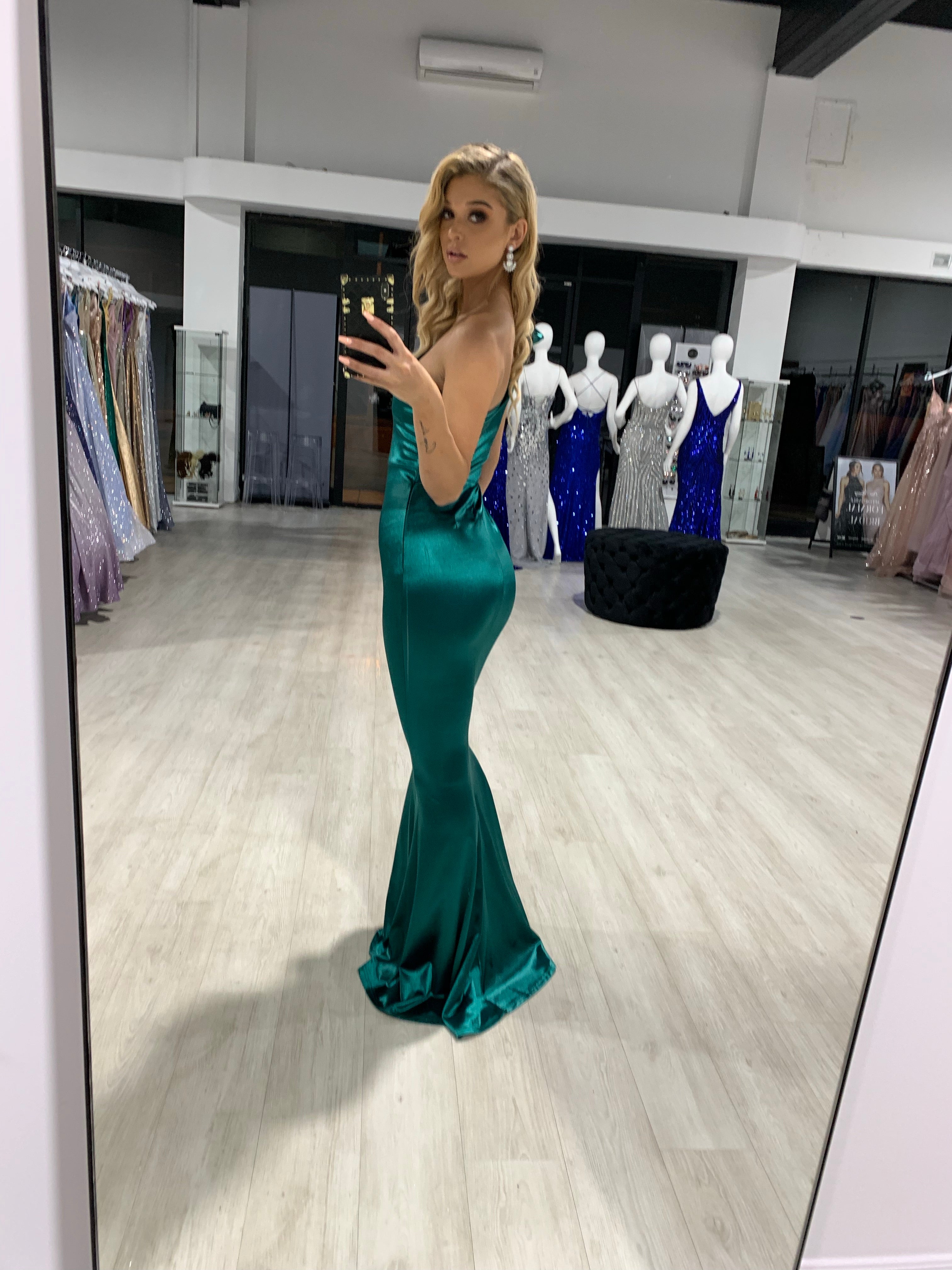 Alt Tag: Honey Couture CHARLI Emerald Green One Shoulder Mermaid Dress, Evening Gown, Affordable, Australian Designer, Prom Dress