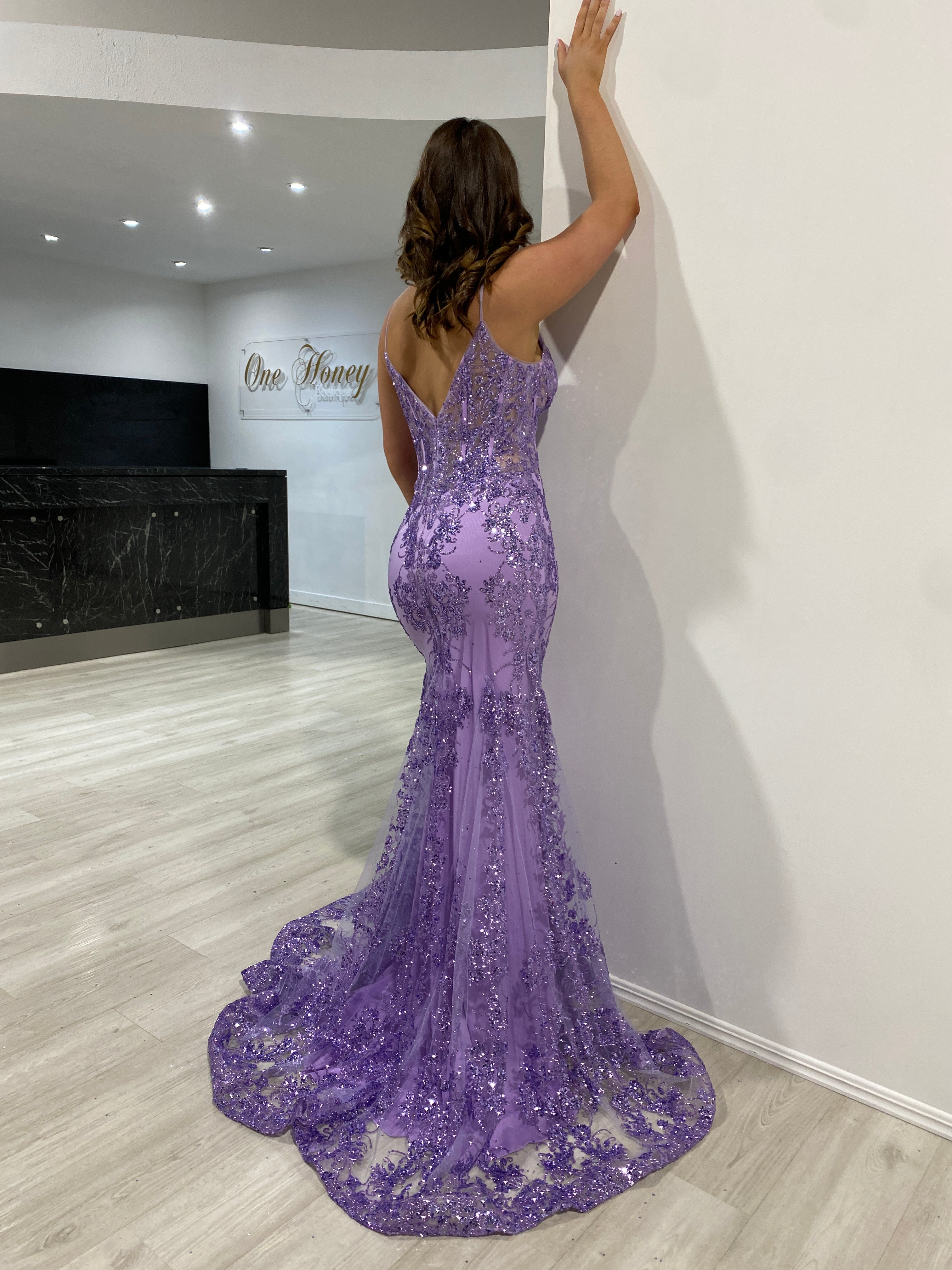 Honey Couture ARMANI Lilac Purple Sequin Corset Mermaid Formal Gown Dress