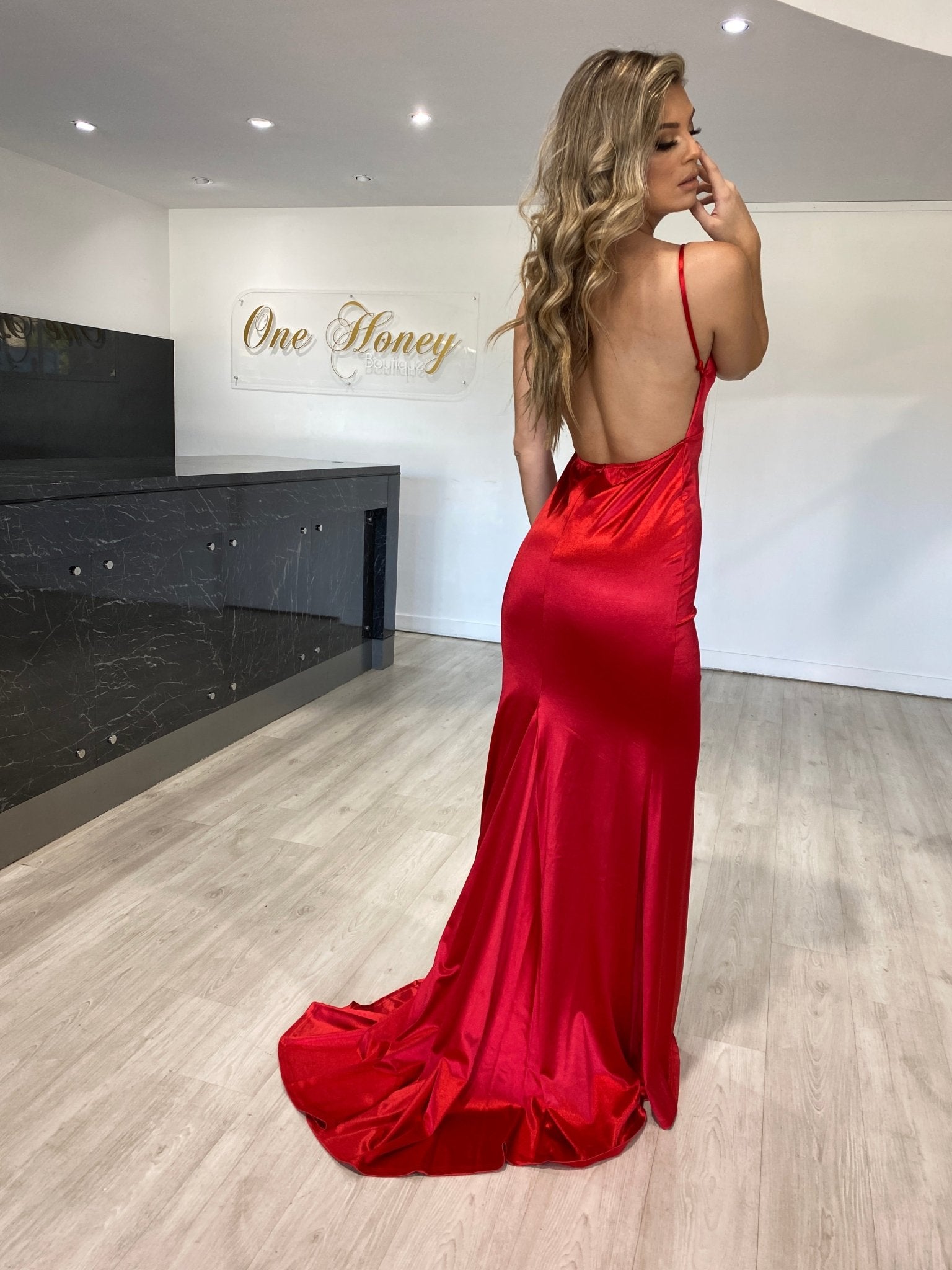 Honey Couture RILEY Red Low Back Mermaid Evening Gown Dress in Australia | One Honey Boutique