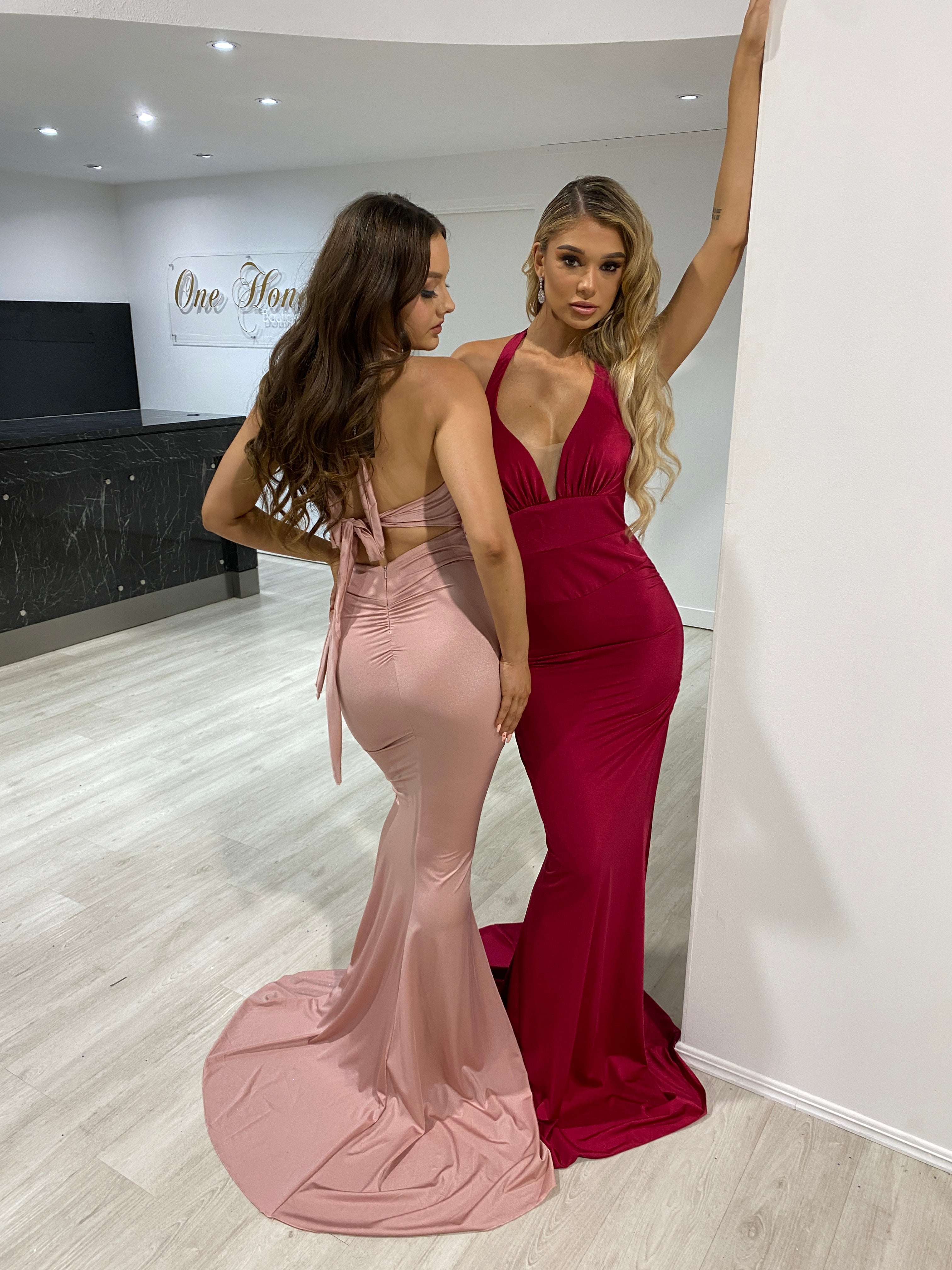 STACY Halter Tie Up Dress featuring deep halter neckline, bum ruching mermaid style evening gowns. Brisbane to Gold Coast, Australia.