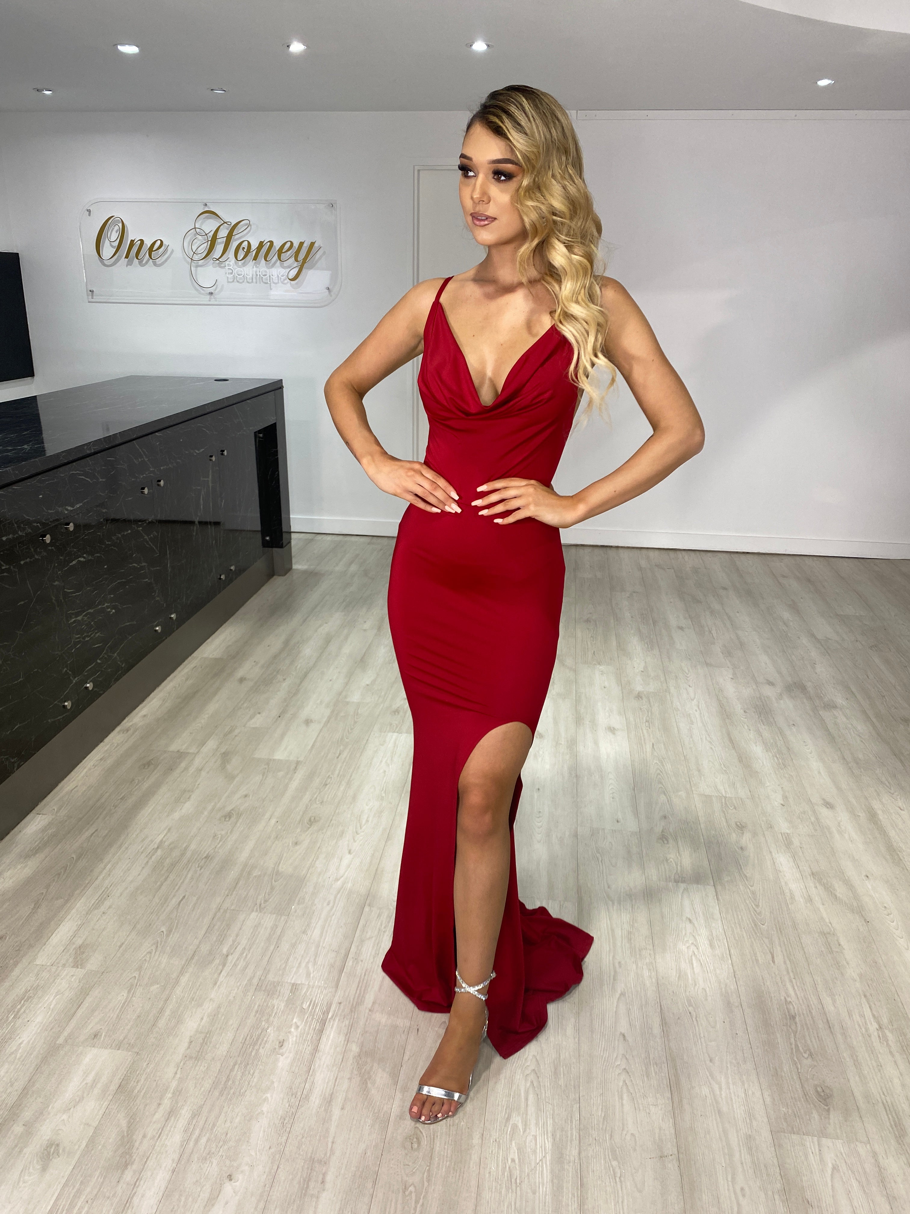 Alt Tag: Honey Couture TEEGAN Burgundy Mermaid Dress, cowl neckline and slit, by Australian Designer, perfect for prom or evening, affordable.
