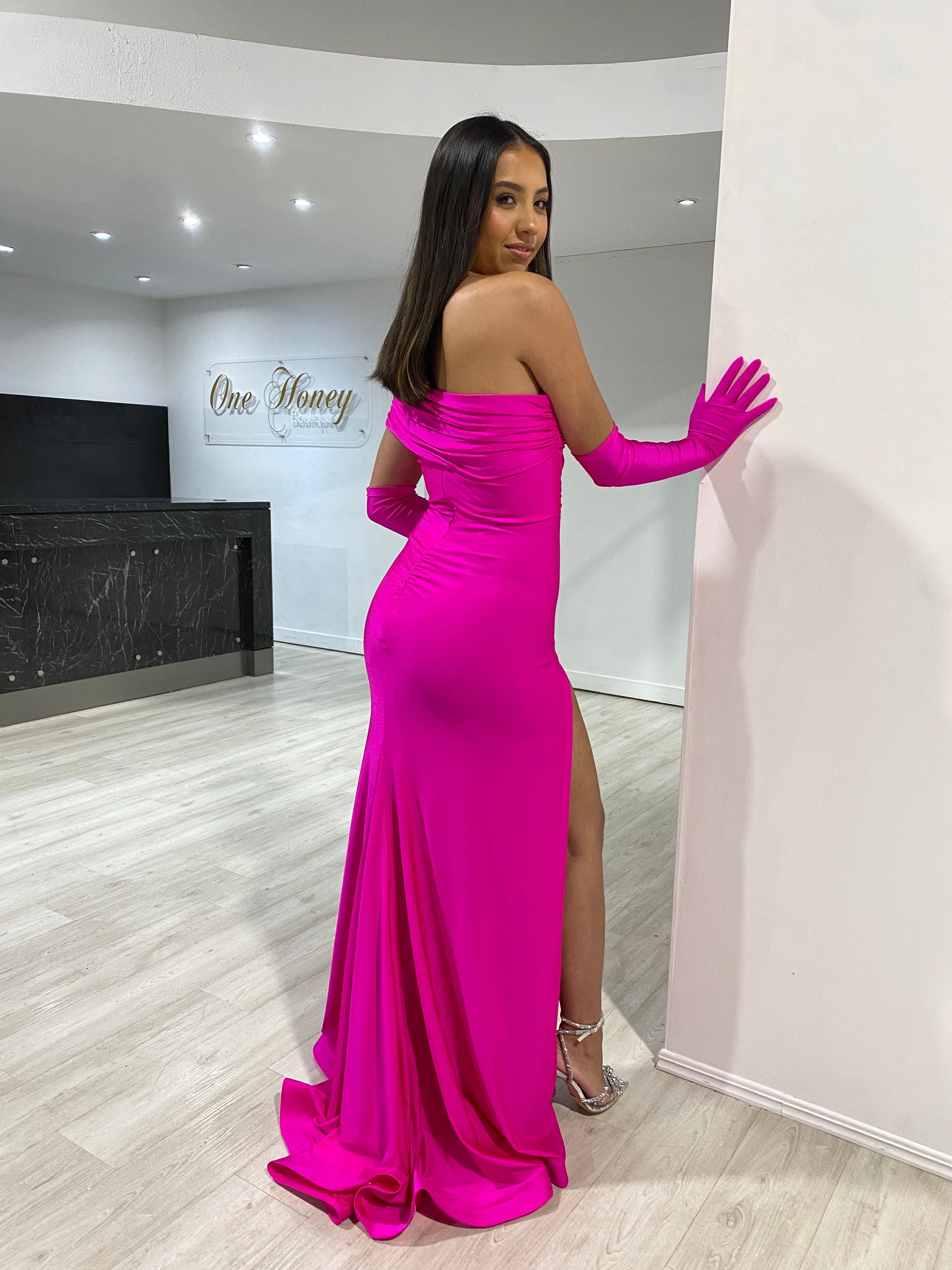 Honey Couture BALENCI-USSY Hot Pink Mermaid Formal Dress w Gloves