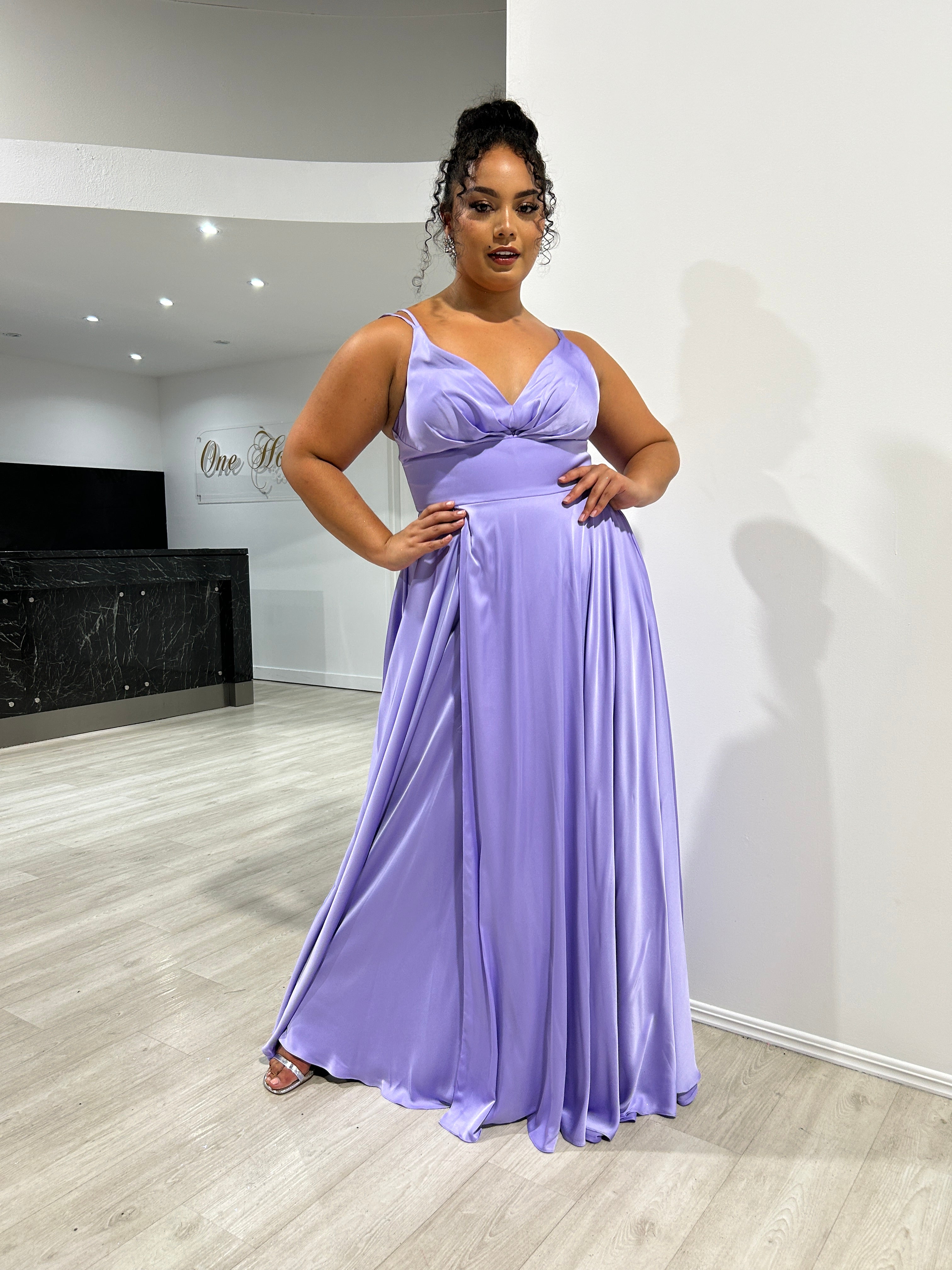 Honey Couture ROSALIA lavender gown by Australian Designer, perfect for proms and formal events. Silky A-line with double strap and leg split.