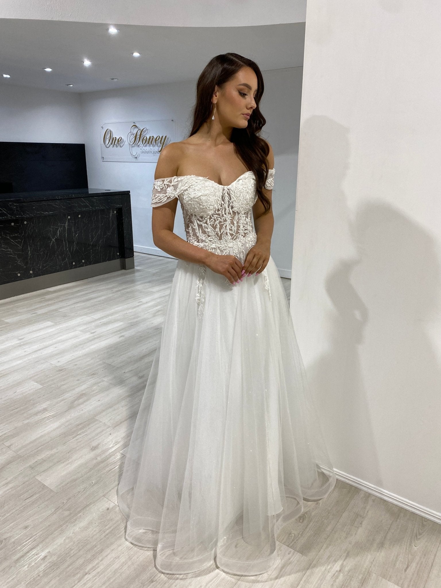 DEJA White Lace Applique Corset Bridal Wedding Ballgown in Australia | One Honey Boutique