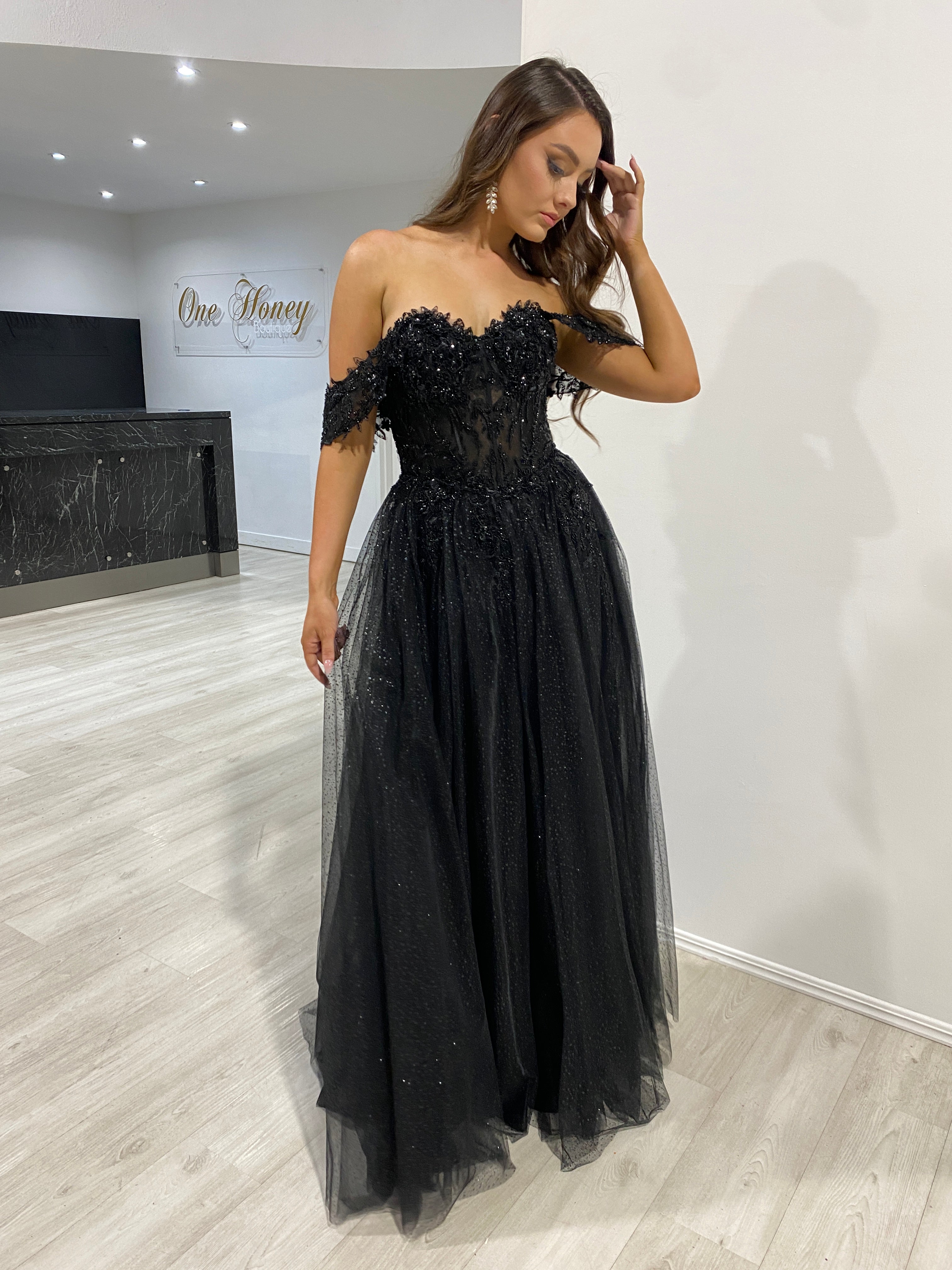 PHOEBE Off the Shoulder Bustier Lace Applique Tulle Formal Dress featuring glitter corset and layered skirt. Evening gown Brisbane to Gold Coast.