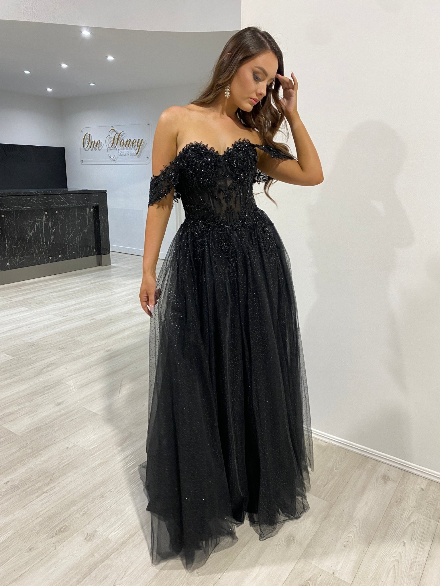 PHOEBE Off the Shoulder Bustier Lace Applique Tulle Formal Dress in Australia | One Honey Boutique