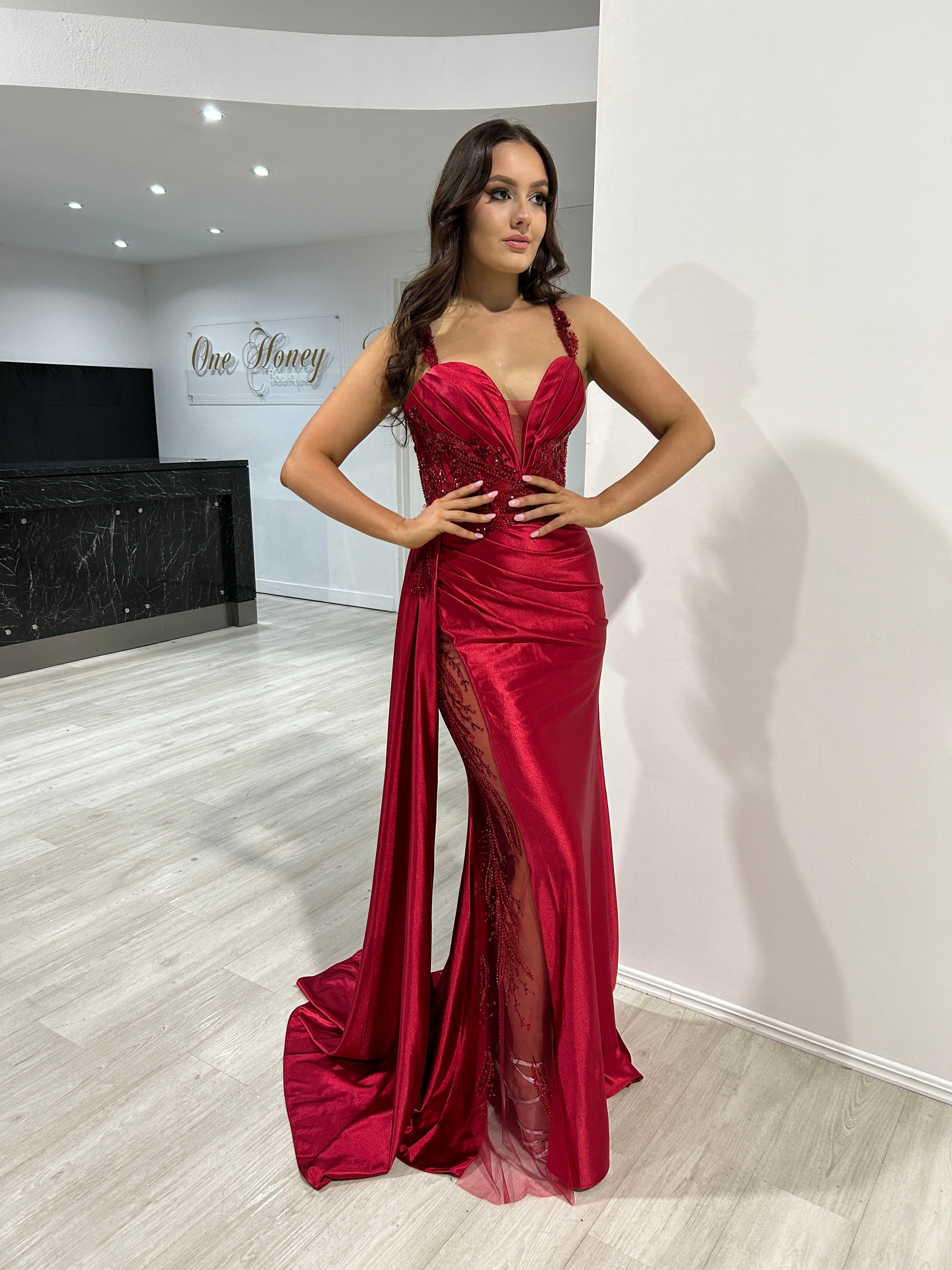 Honey Couture ANTONIA Burgundy Embellished Corset Satin Mermaid Formal Dress