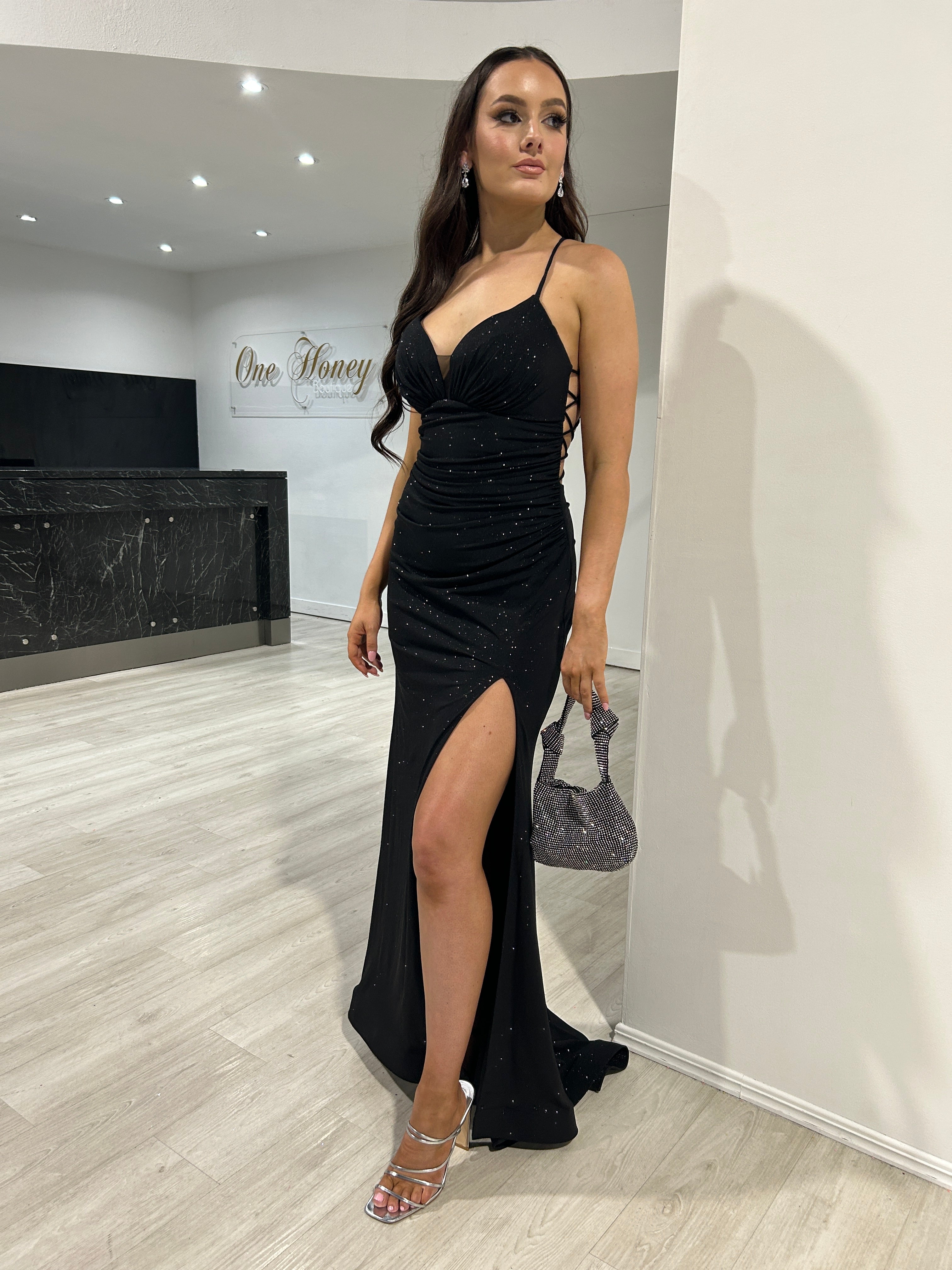 MISTELLA Low Back Corset Mermaid Gown with Shimmer Glitter, featuring a thigh-high slit. Evening gown, Brisbane to Gold Coast, Australia.