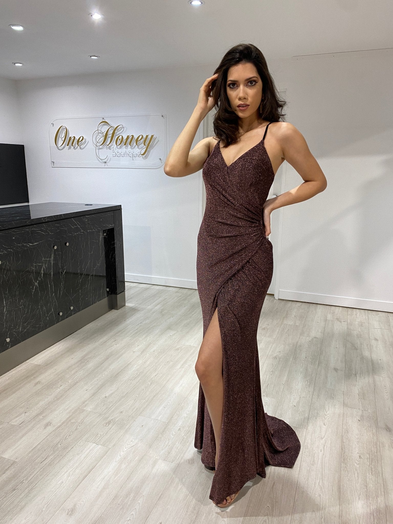 The BELINDA Copper Ruching Mermaid Evening Gown Dress in Australia | One Honey Boutique