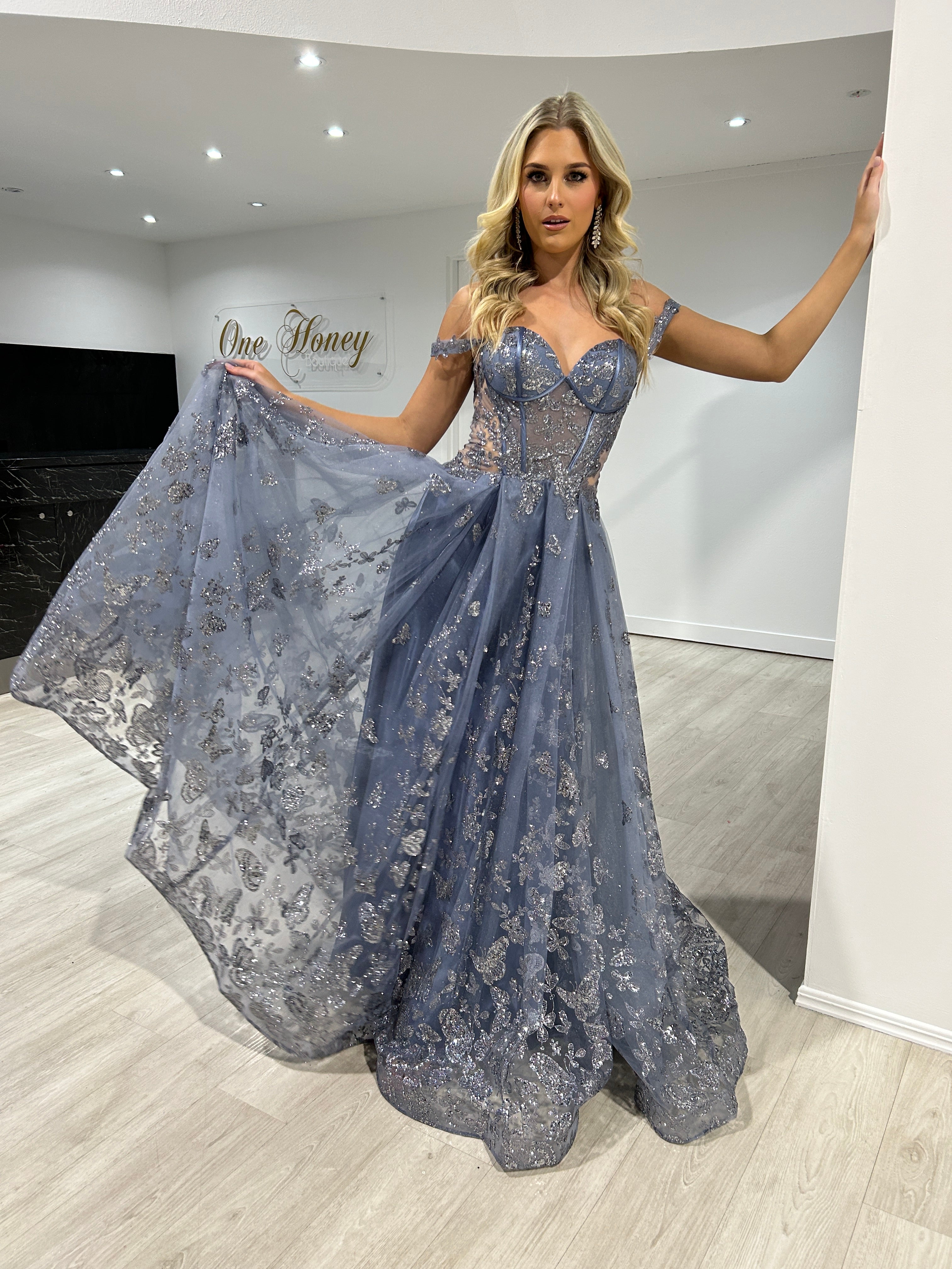 Honey Couture MIST Smokey Blue Glitter A-Line Dress, Off Shoulder, Affordable Prom Gown by Australian Designer, Limited Edition