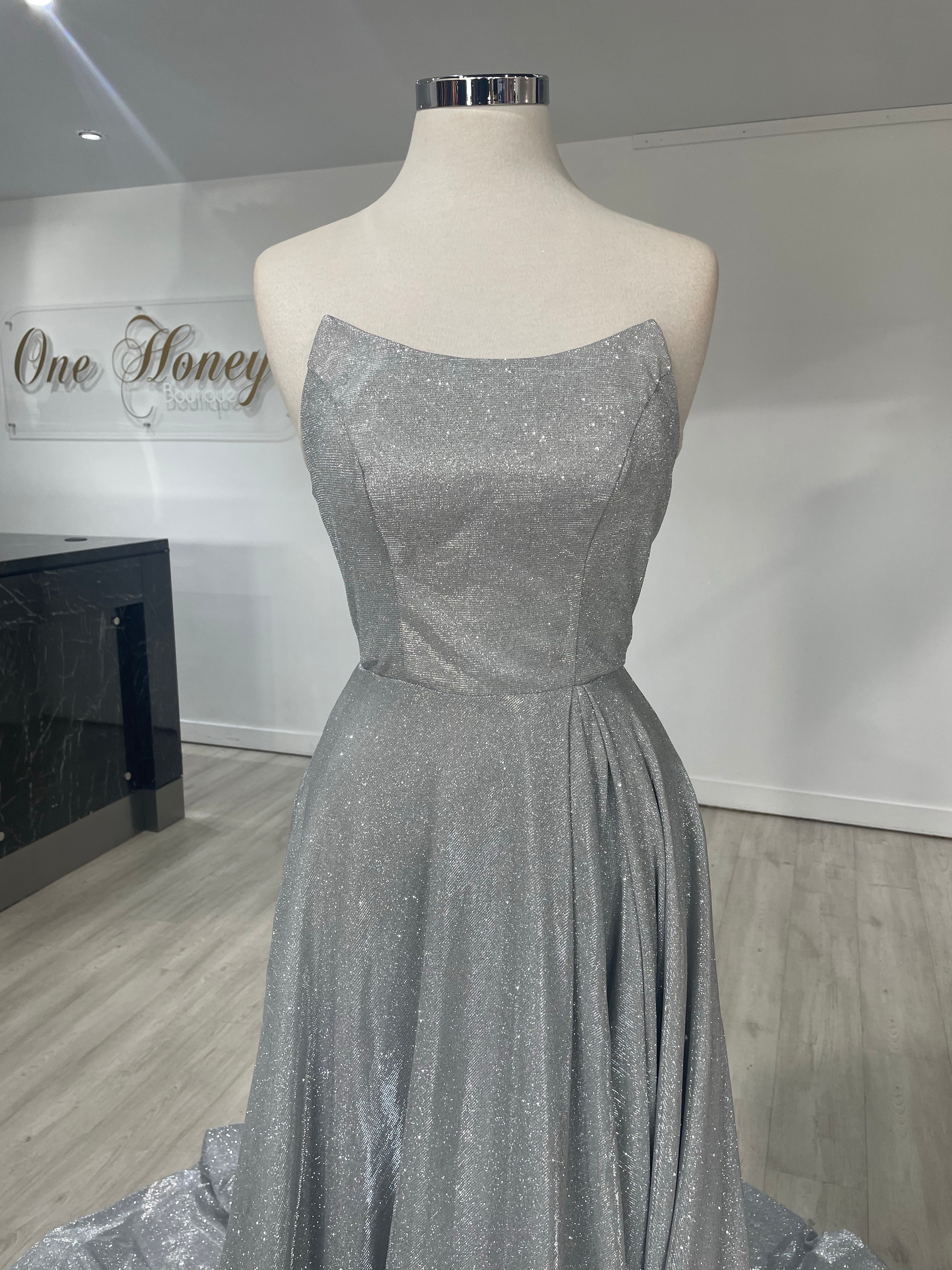 PAM Strapless Bustier Corset Evening Gown by Honey Couture, Australian Designer. Glittery fabric, perfect for prom, 140 characters.