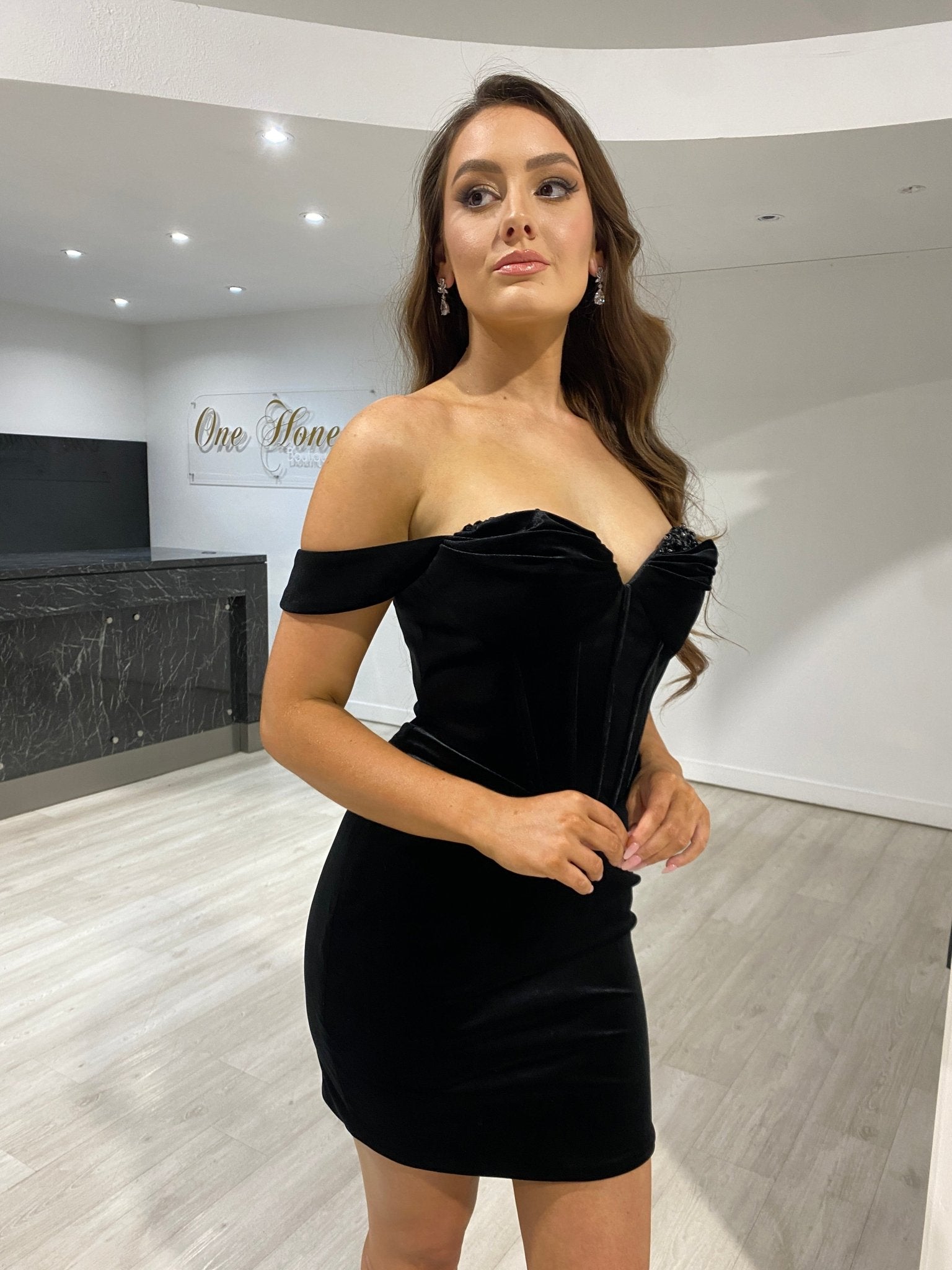 GIA Velvet Off Shoulder Beaded Bust Bustier Mini Dress in Australia | One Honey Boutique