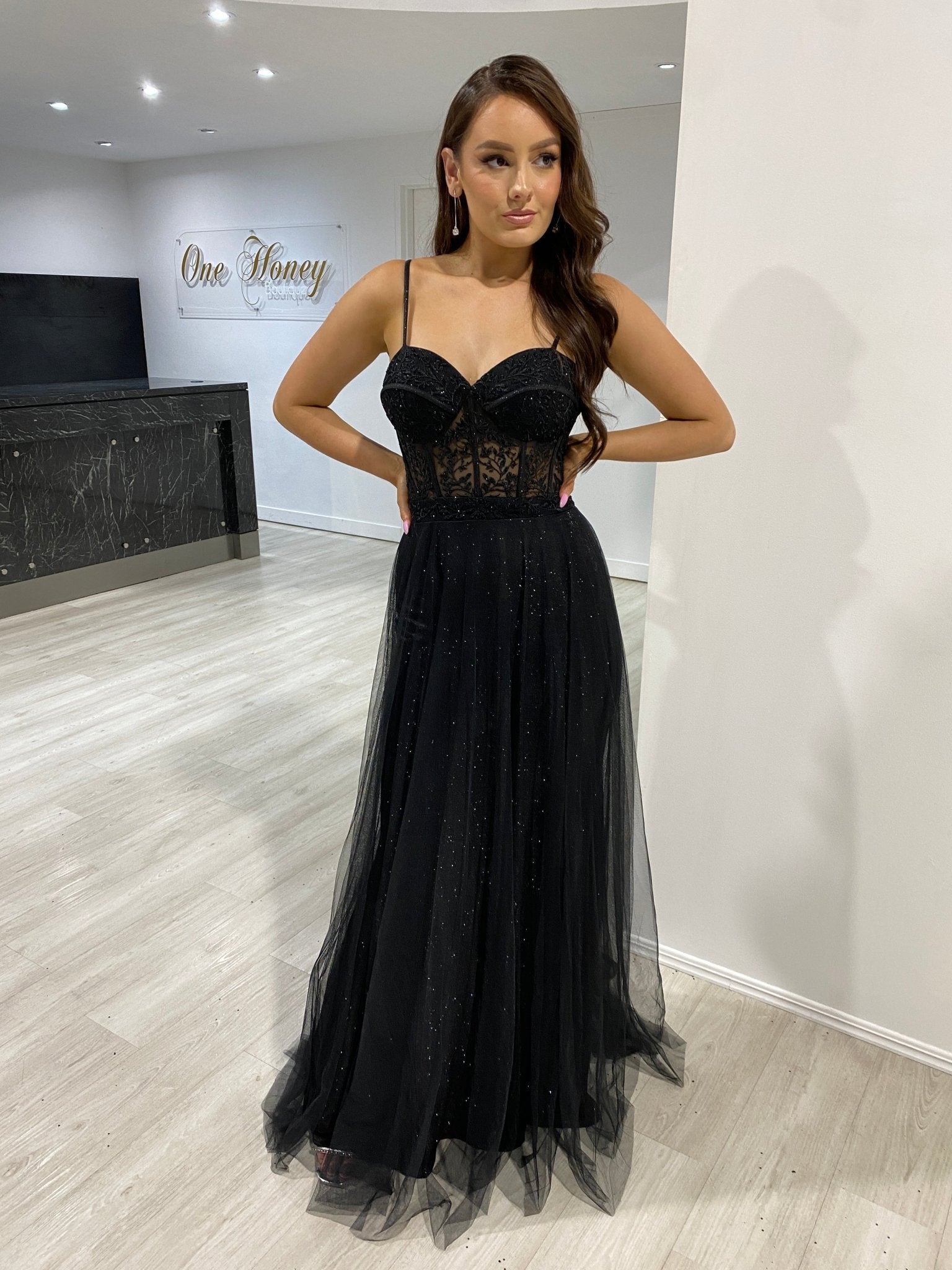 Honey Couture NOELLA Black Glitter Tulle Bustier Formal Dress in Australia | One Honey Boutique