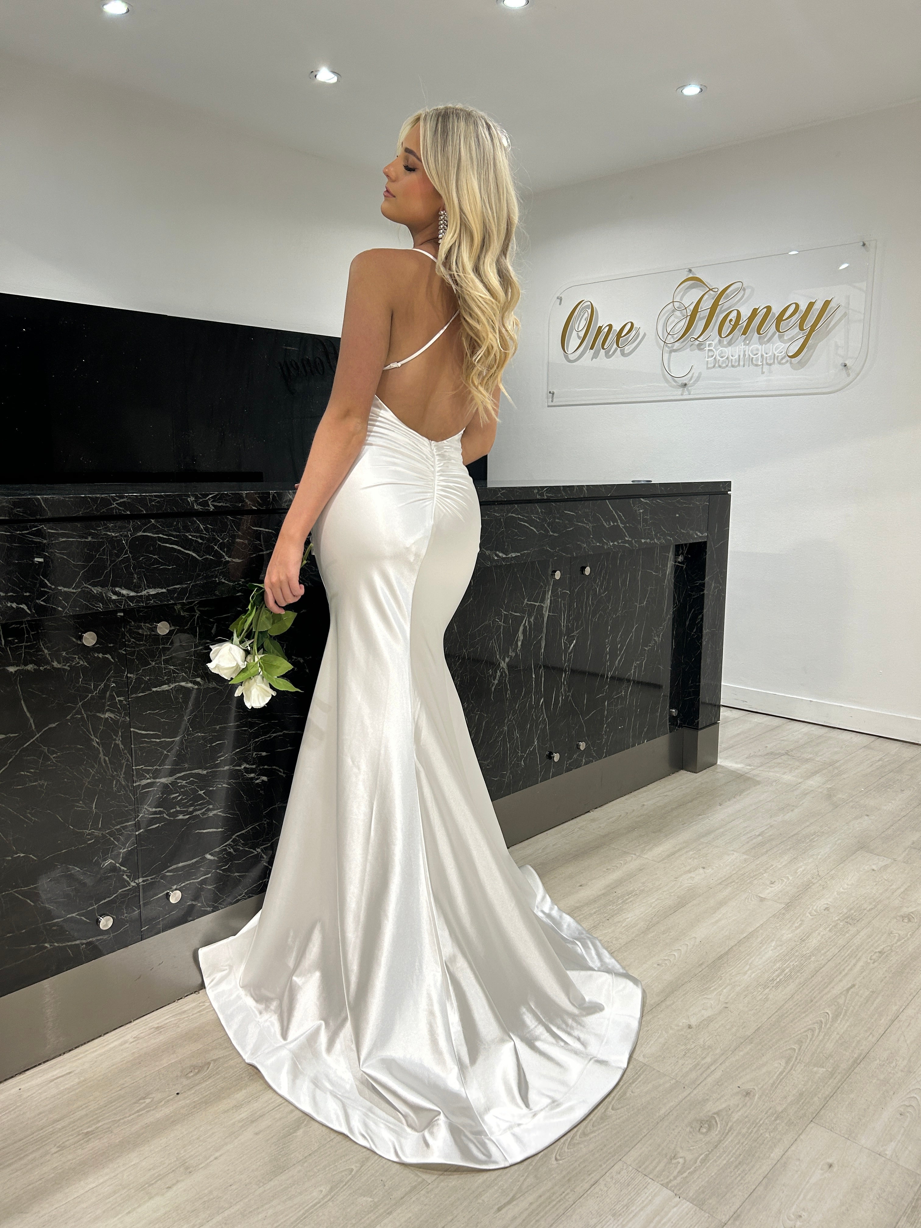 Honey Couture COCO Off White Low Back Bum Ruching Mermaid Formal Dress