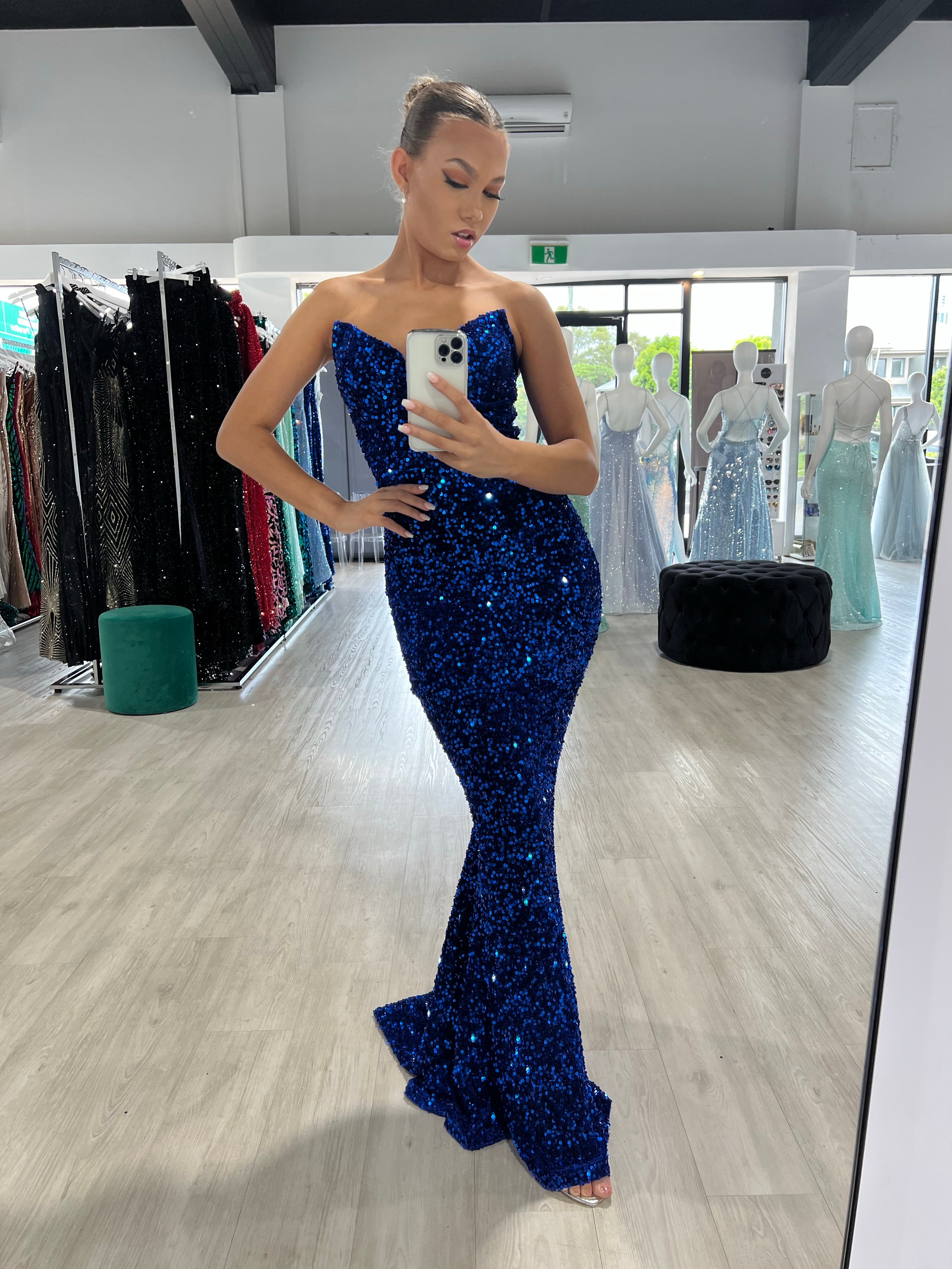 Honey Couture NAOMI Electric Blue Sequin Strapless Mermaid Evening Dress, perfect prom gown by Australian Designer, affordable elegance.