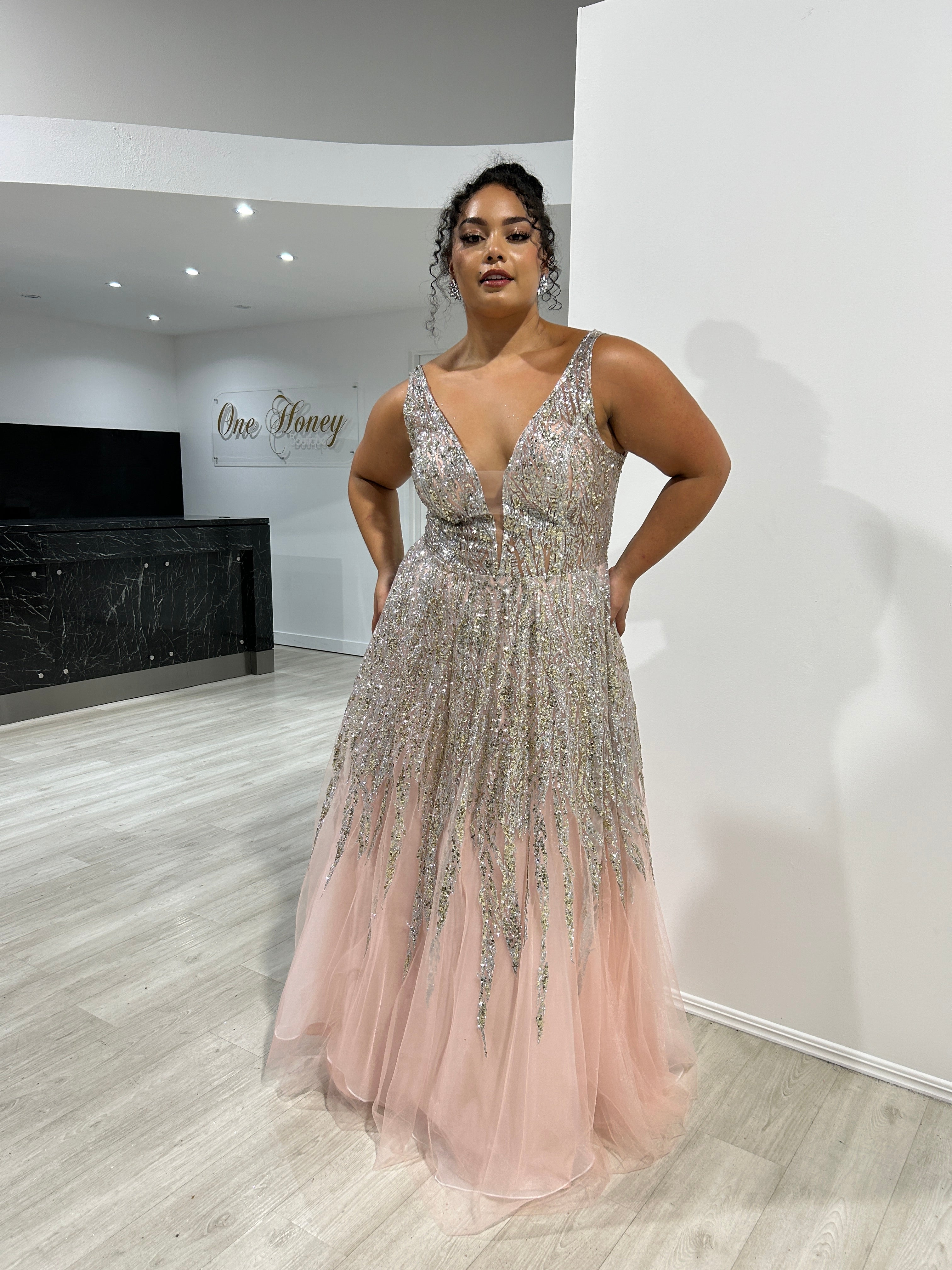 VIANNE Glitter Tulle A-Line prom gown with shimmering bead embellishments, plunging neckline, Brisbane to Gold Coast, Australia.