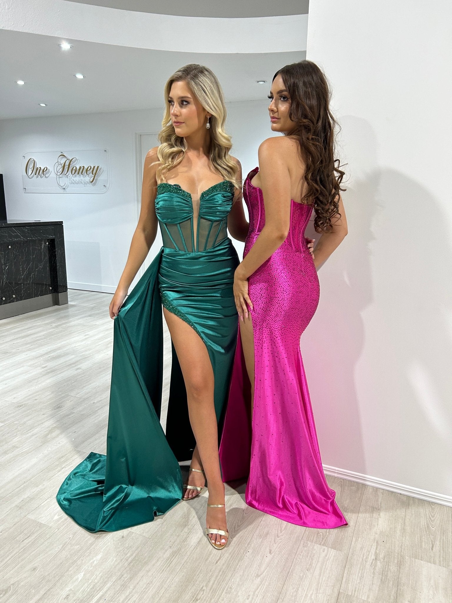 ROMANA Strapless Satin Diamanté Detail Corset Bustier Formal Dress in Australia | One Honey Boutique