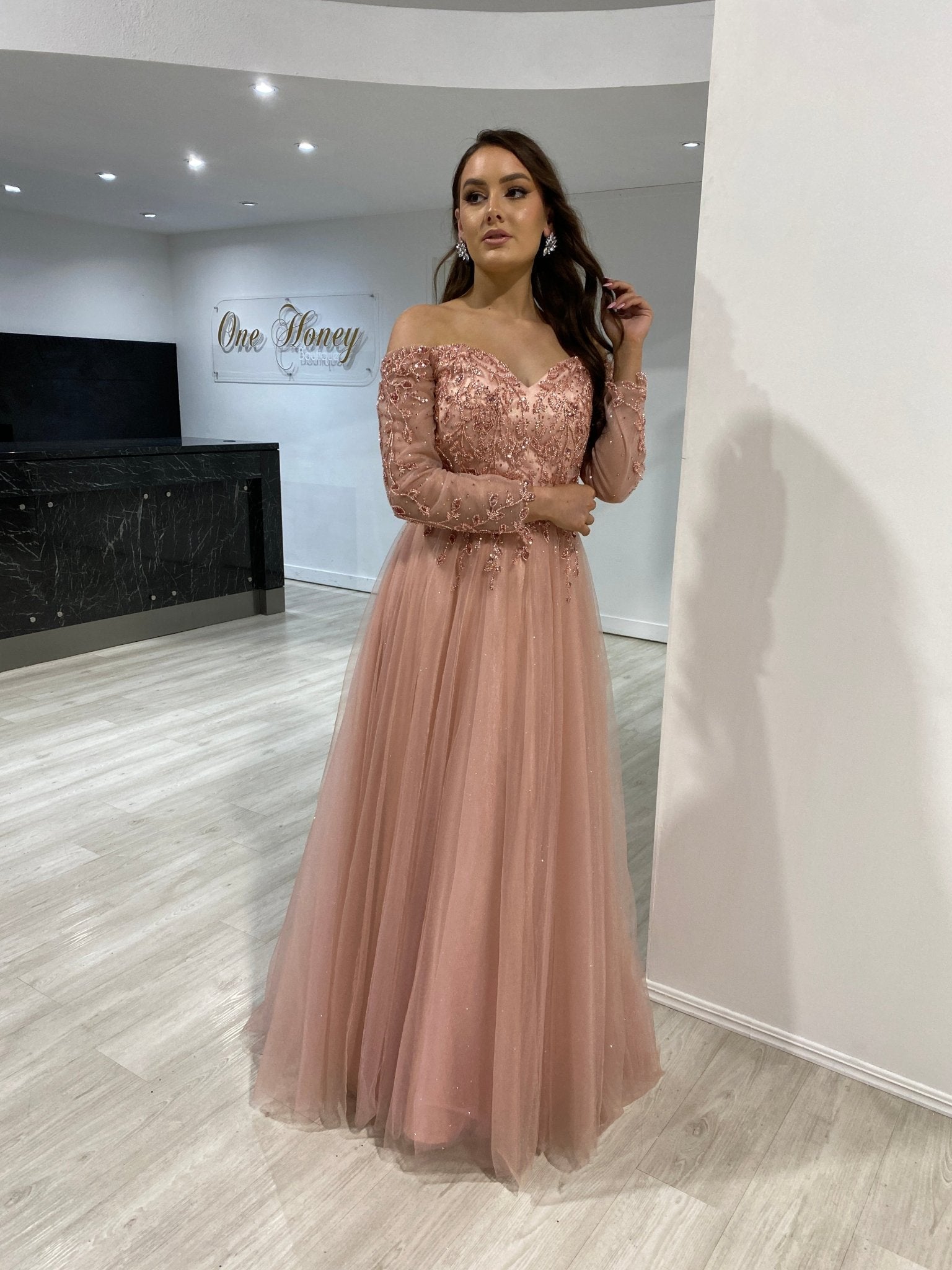 Honey Couture PATRISHA Blush Long Sleeve Beaded Tulle Formal Gown Dress in Australia | One Honey Boutique