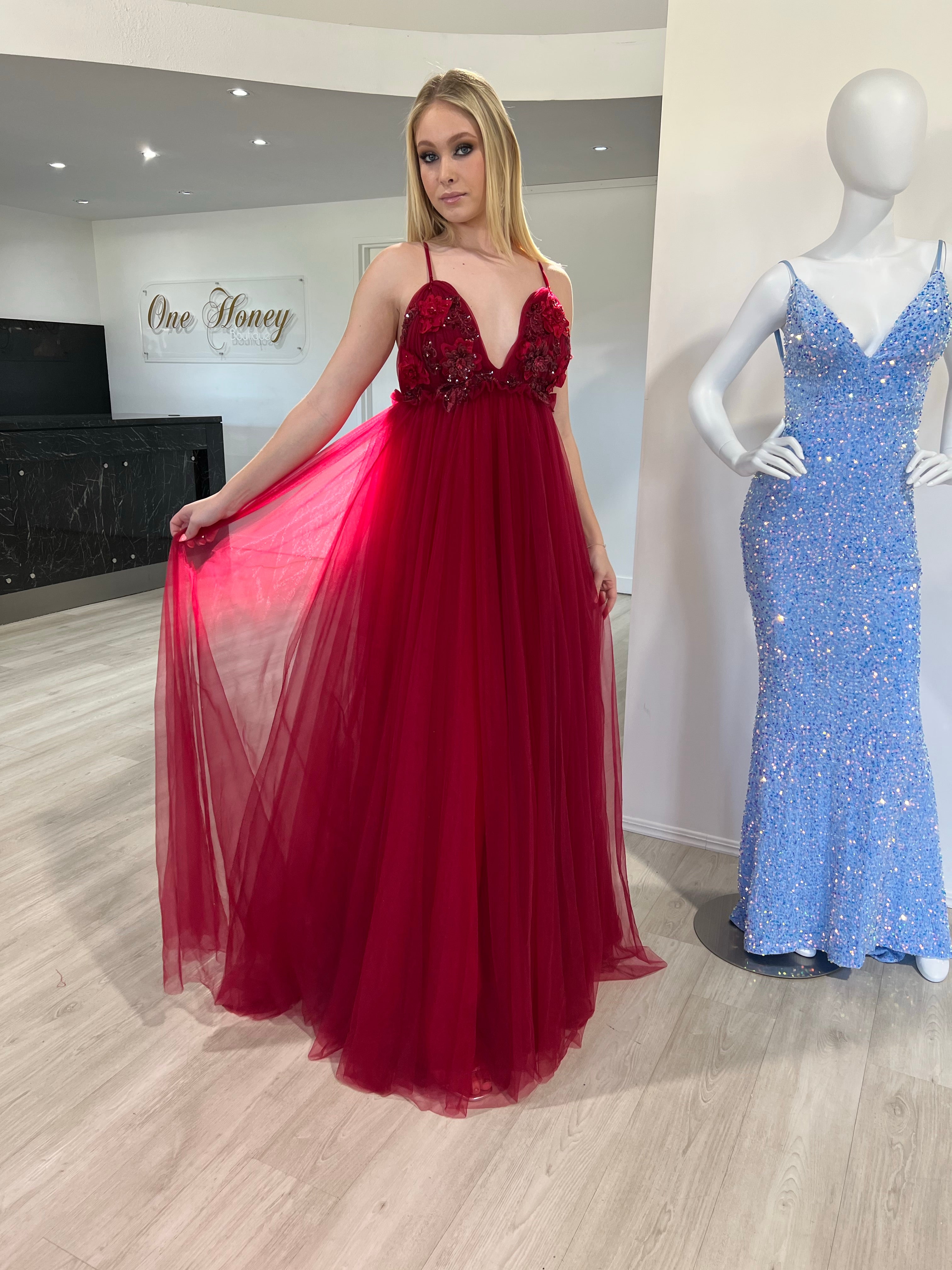 Model wearing Honey Couture PEYTON Wine Burgundy 3D Floral Evening Gown, perfect for prom or formal occasions. Australian Designer.