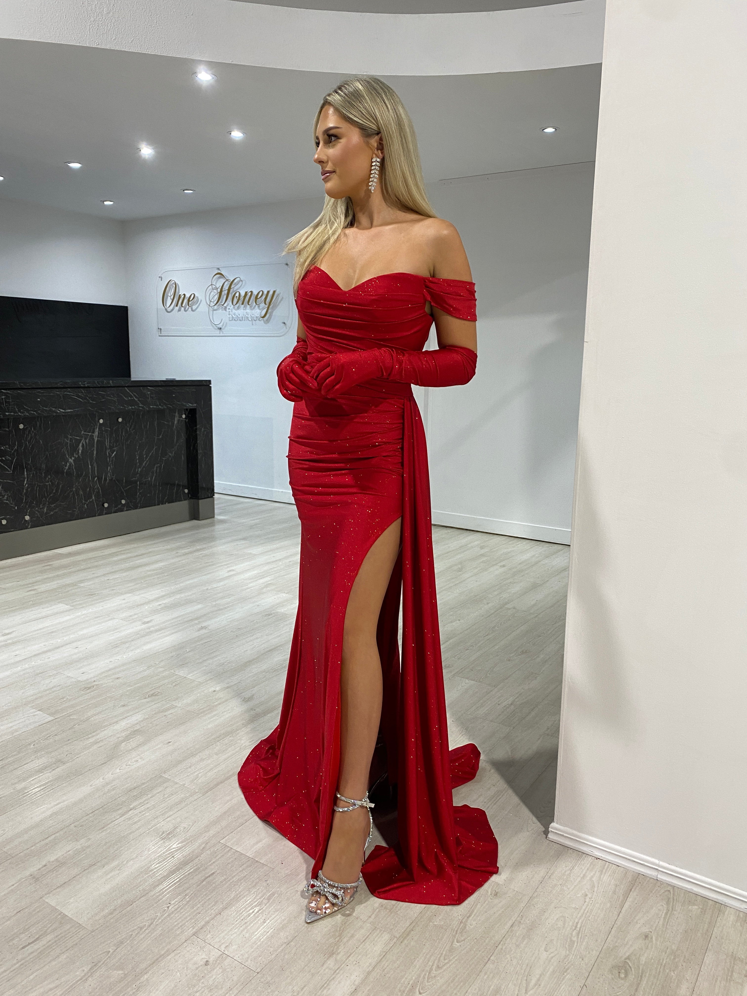CHRISTINA Off Shoulder Glitter Shimmer Formal Dress with gloves featuring a satin slit, elegant evening gown. Brisbane to Gold Coast.
