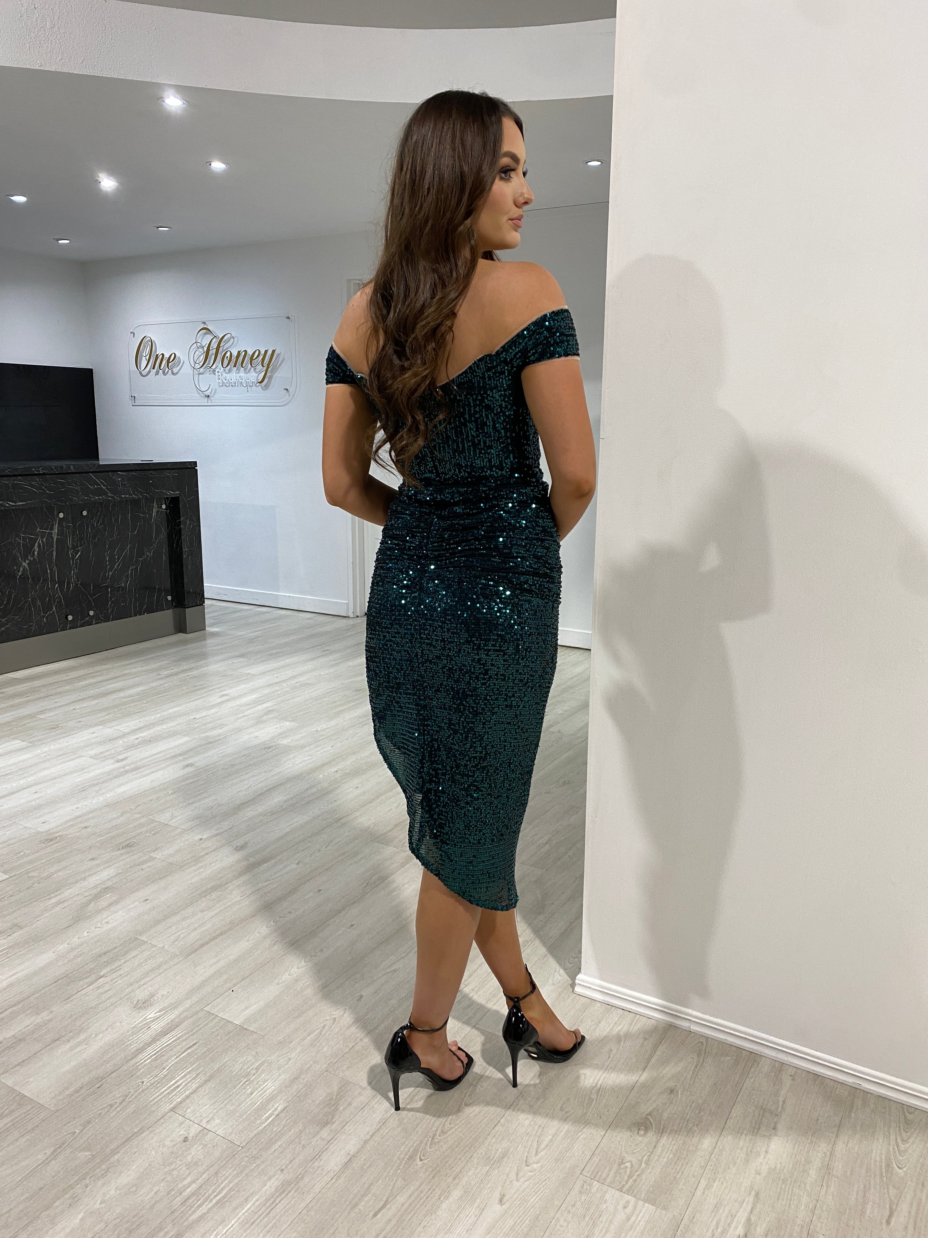 HESTA Sequin Off Shoulder Bustier Midi Dress with draped swag sleeves, perfect for evening wear. Shimmering elegance from Brisbane to Gold Coast.