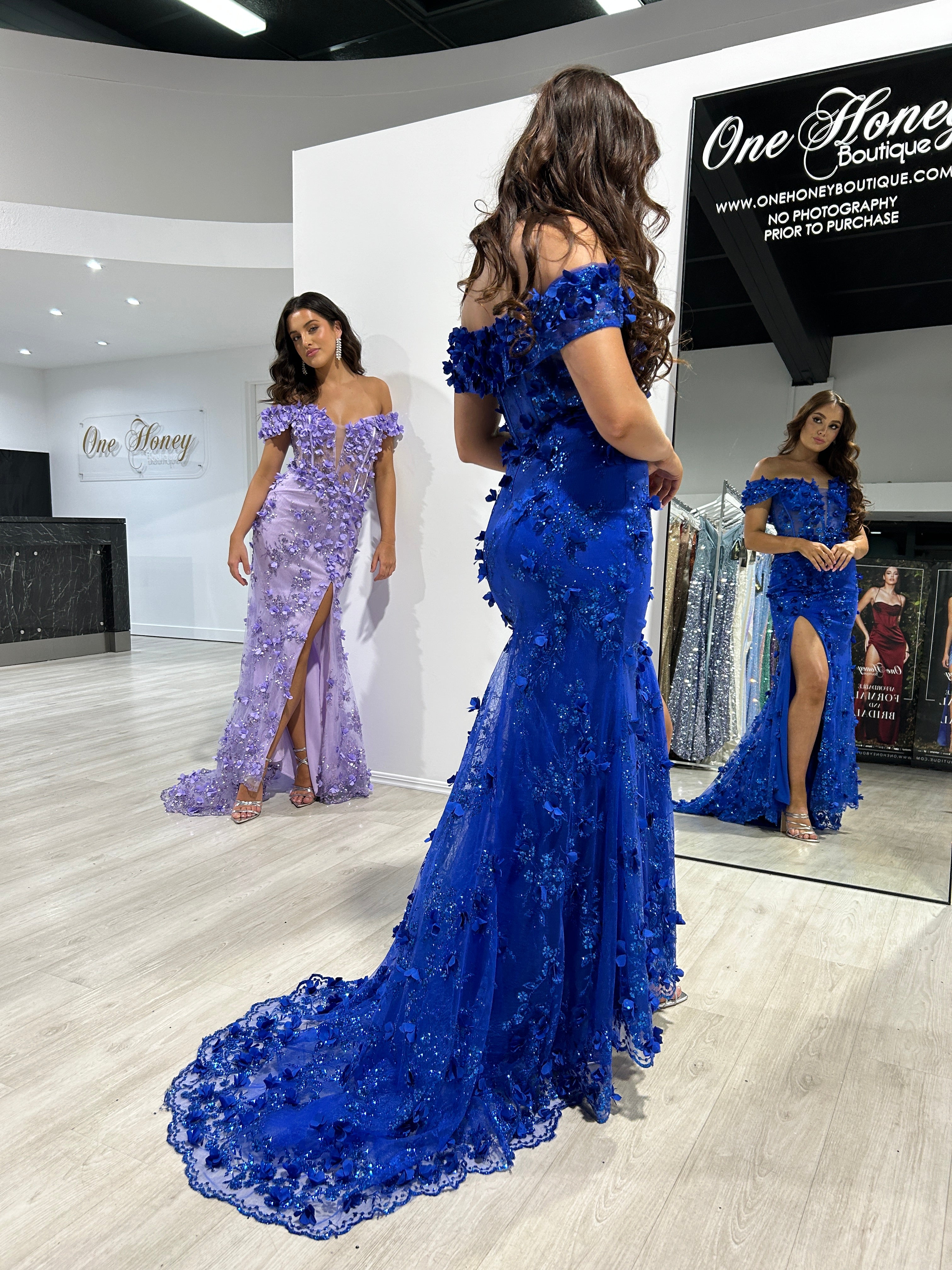 Honey Couture LARRISA Lavender Glitter off the Shoulder Mermaid Formal Dress