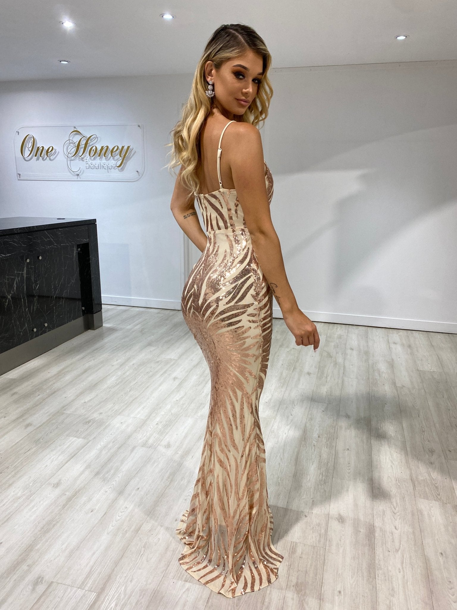 Honey Couture GENENE Rose Gold Thin Strap Sequin Formal Dress in Australia | One Honey Boutique