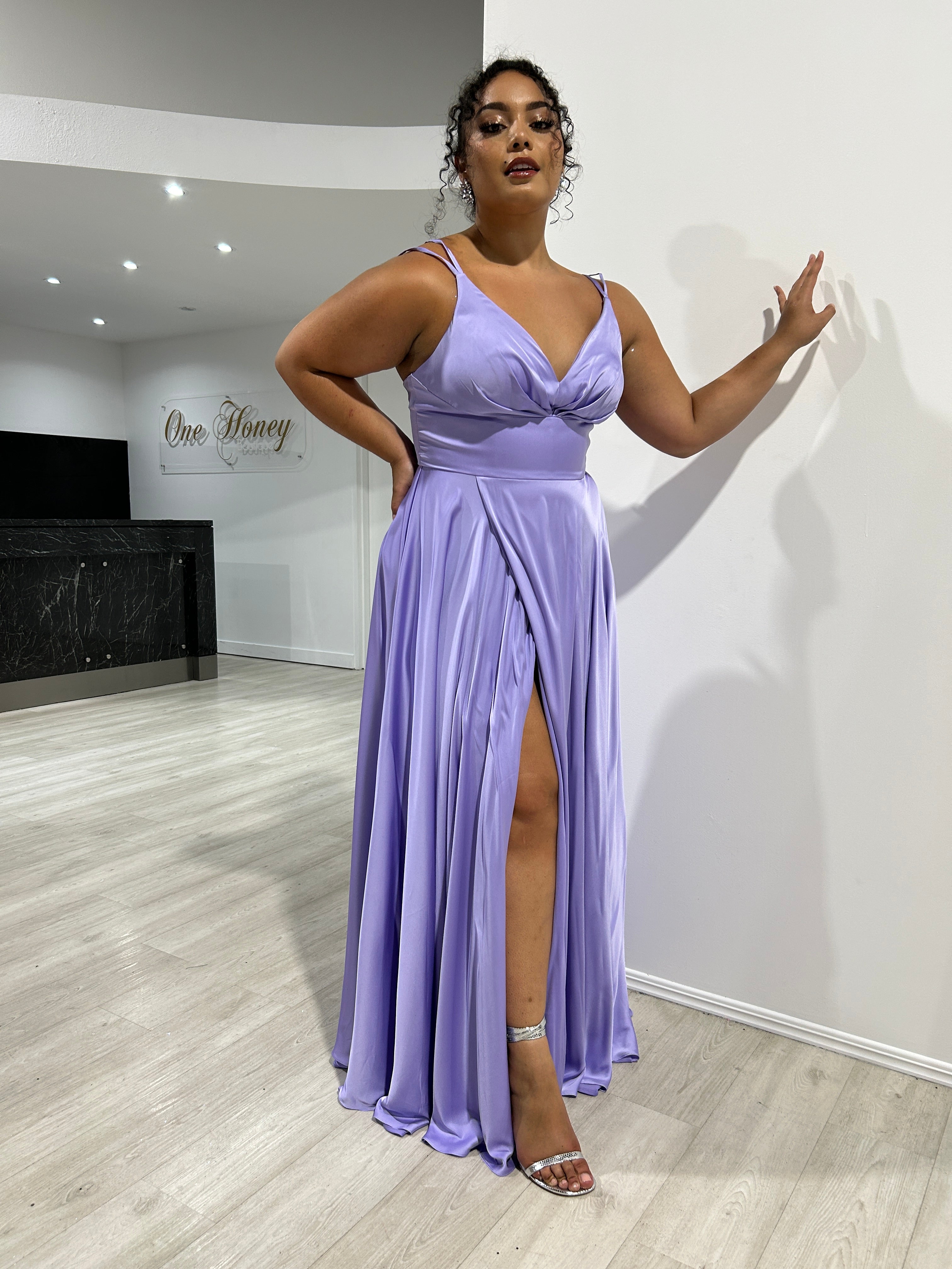 Honey Couture ROSALIA lavender silky A-line formal dress, featuring double straps, leg split, by Australian designer, perfect for prom.
