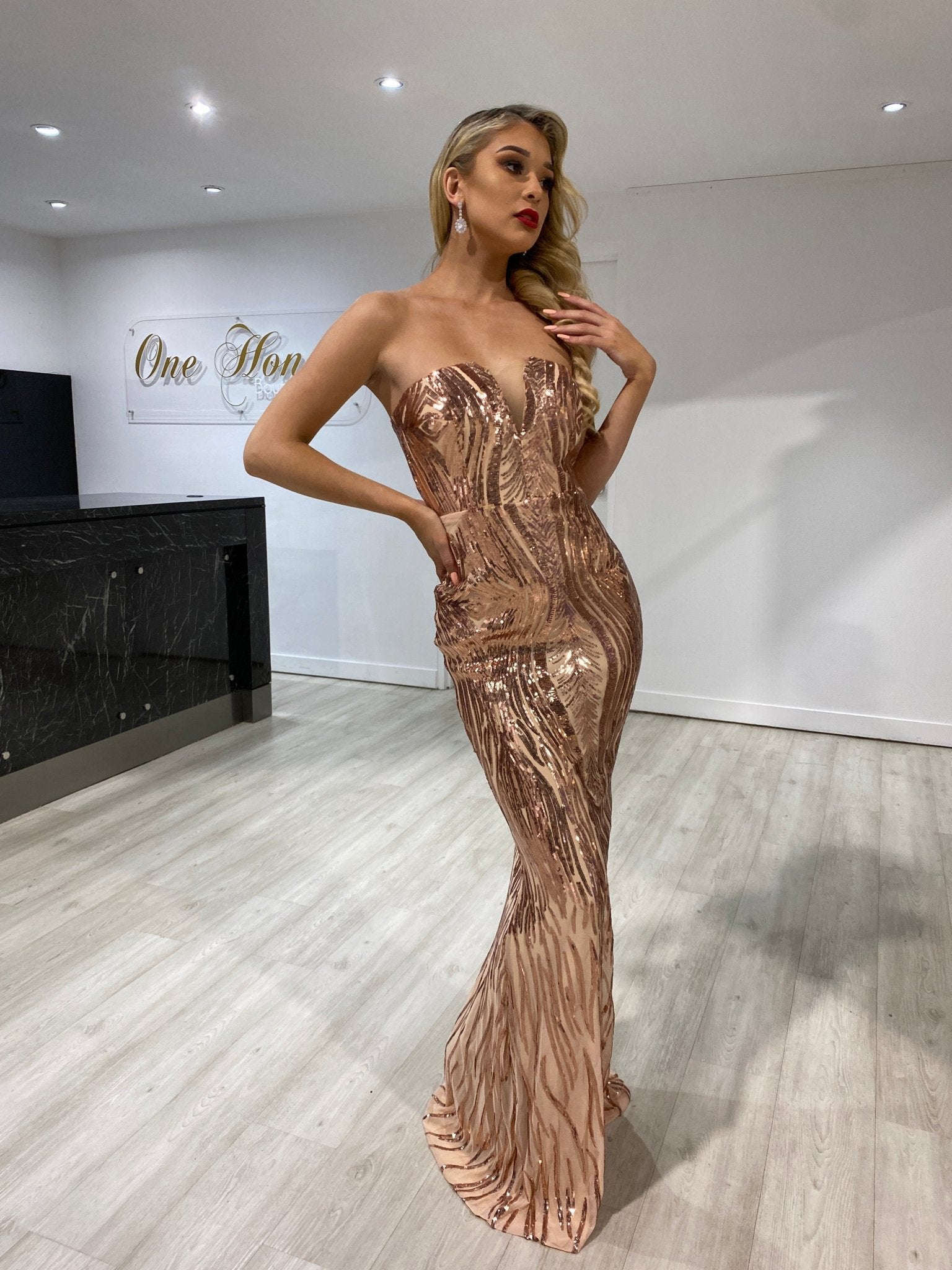 Honey Couture GWEN Gold Sequin Strapless Formal Dress in Australia | One Honey Boutique