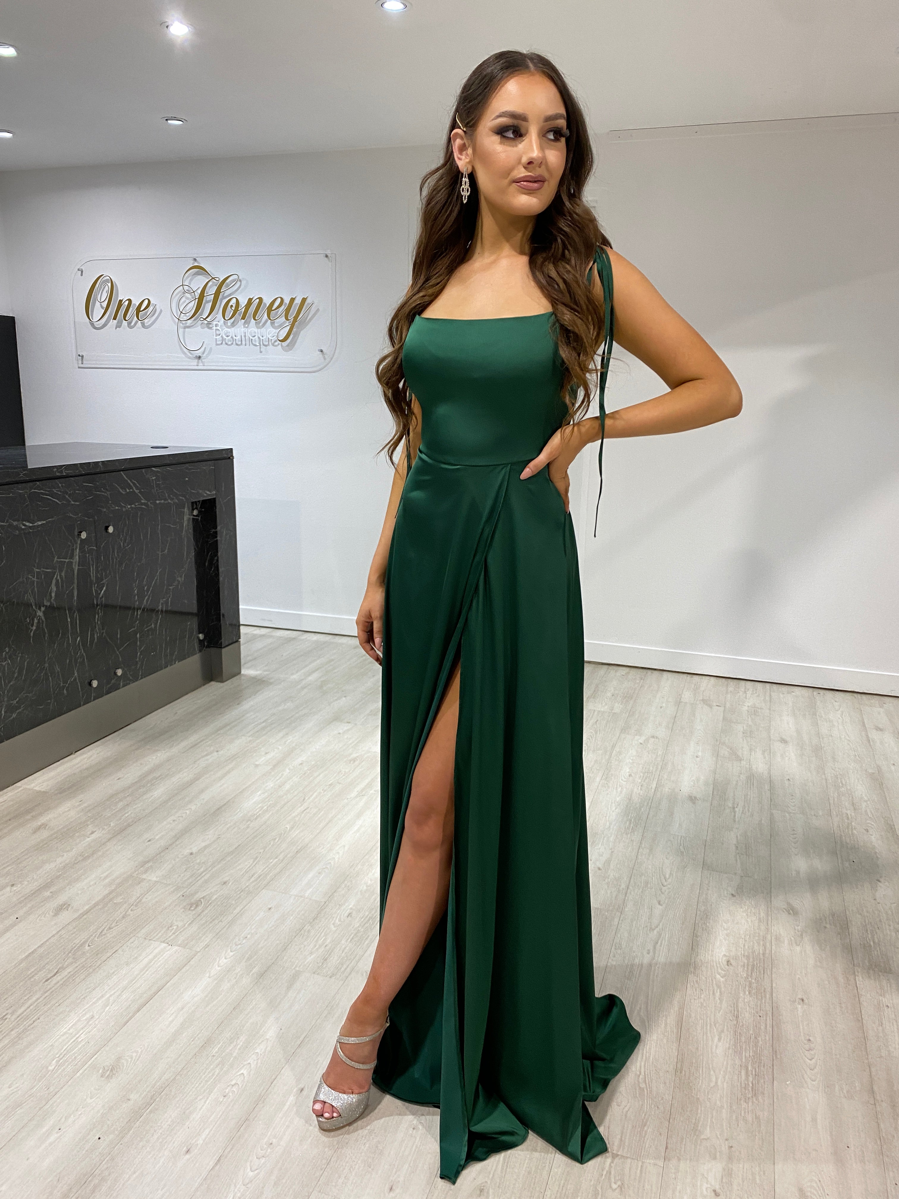 Honey Couture XENIA Emerald Green Tie Up Bridesmaid Dress with leg split, high neckline; perfect for formal events. Australian Designer.
