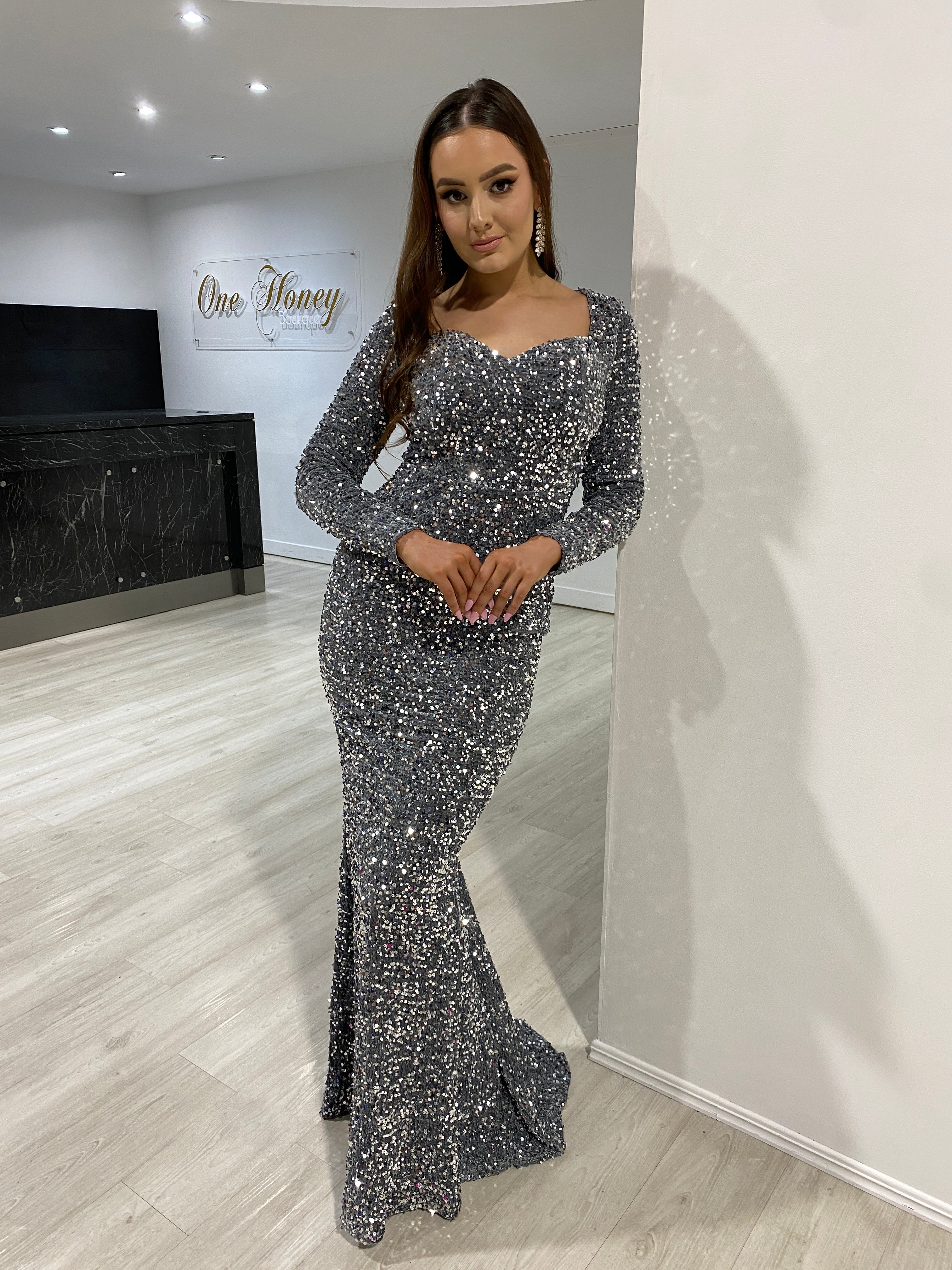 Honey Couture ALISON Grey Silver Sequin Long Sleeve Formal Dress, Australian Designer Evening Gown, Affordable Prom Dress