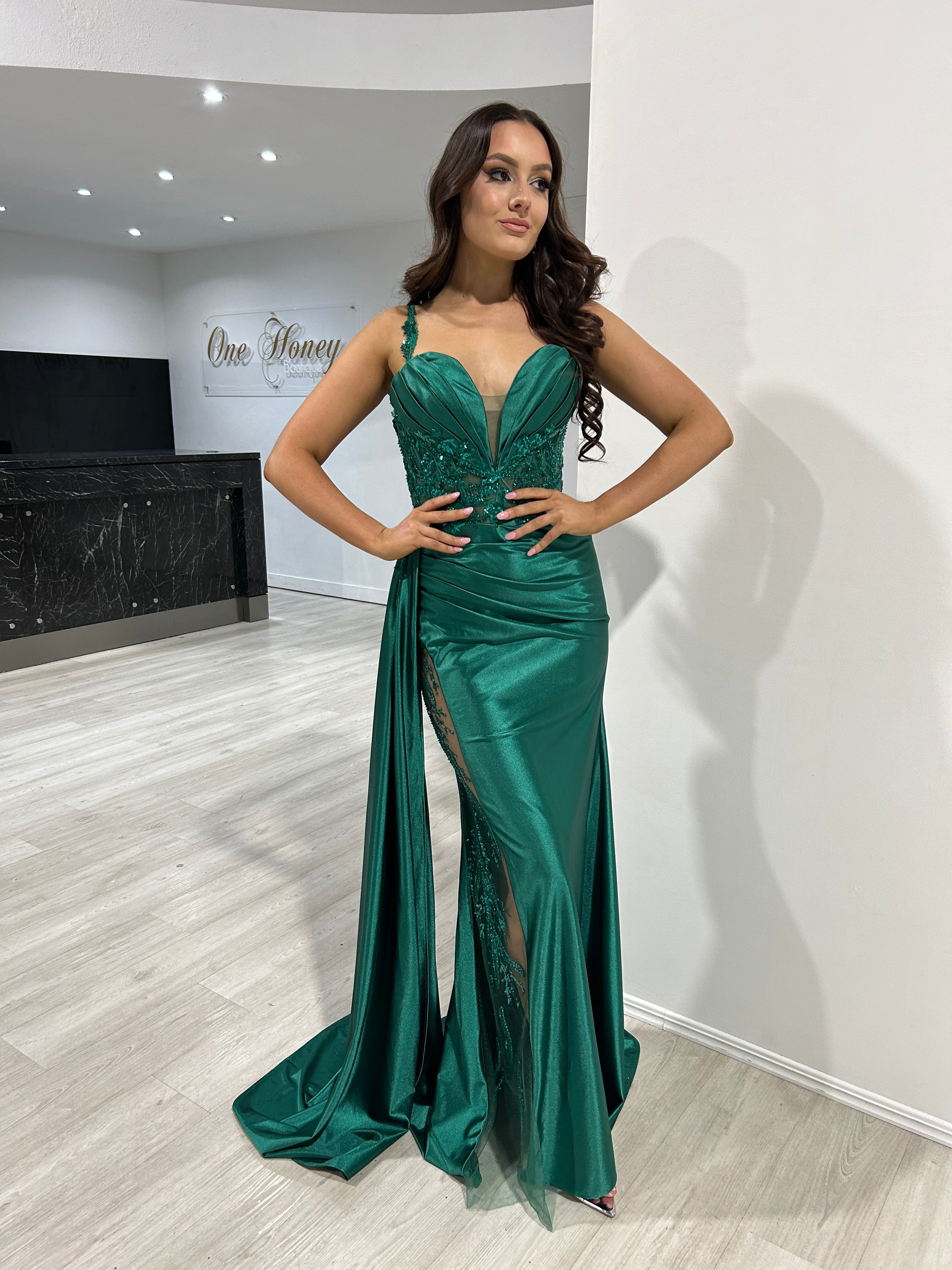 ANTONIA Embellished Corset Satin Mermaid Formal Dress with lace waist and sheer slit, evening gown, Brisbane to Gold Coast.