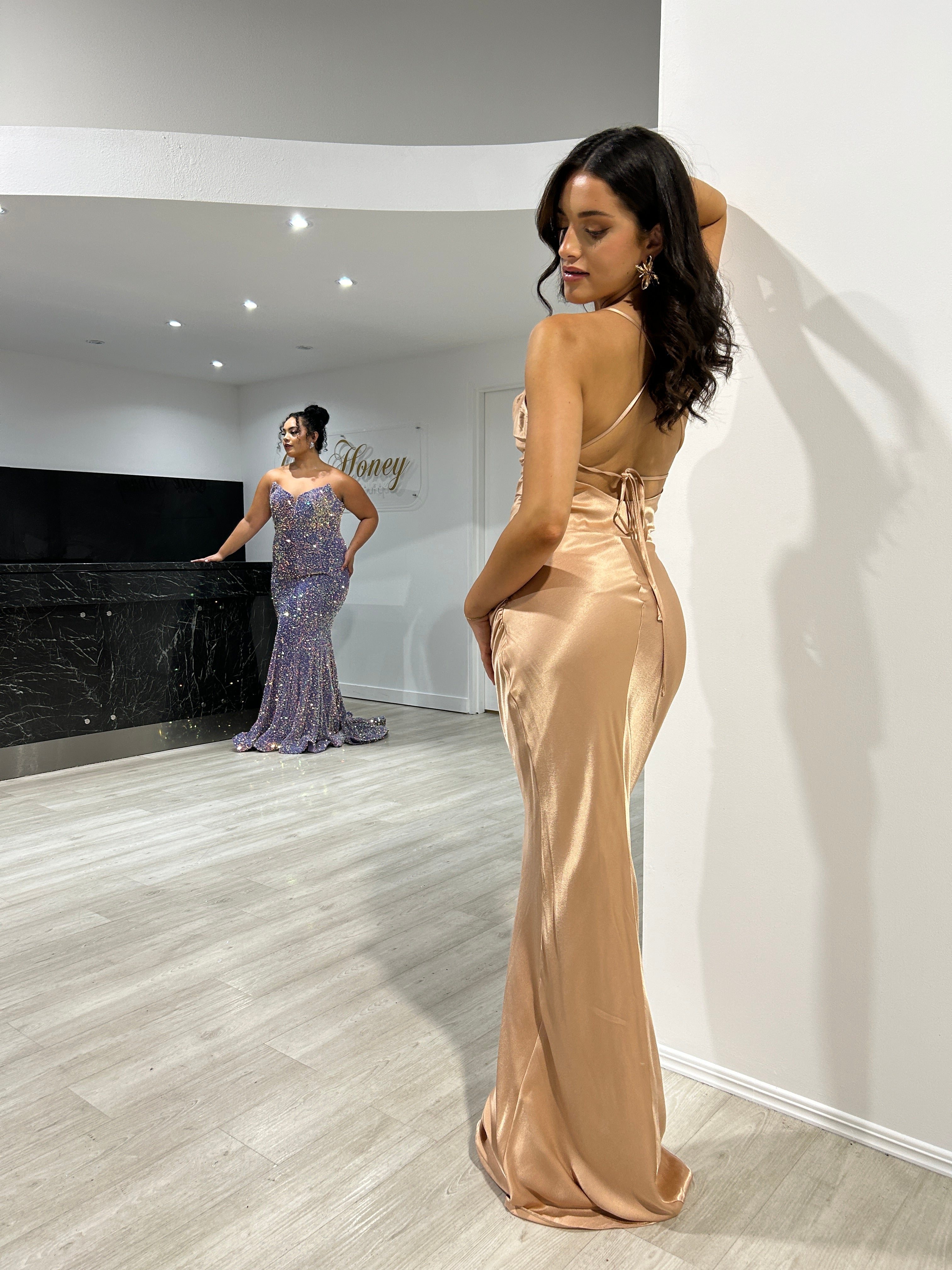 TIARN Satin Low Back Midi Semi Formal Dress featuring a cowl neckline and lace-up back. Perfect for semi-formal events, Brisbane to Gold Coast.