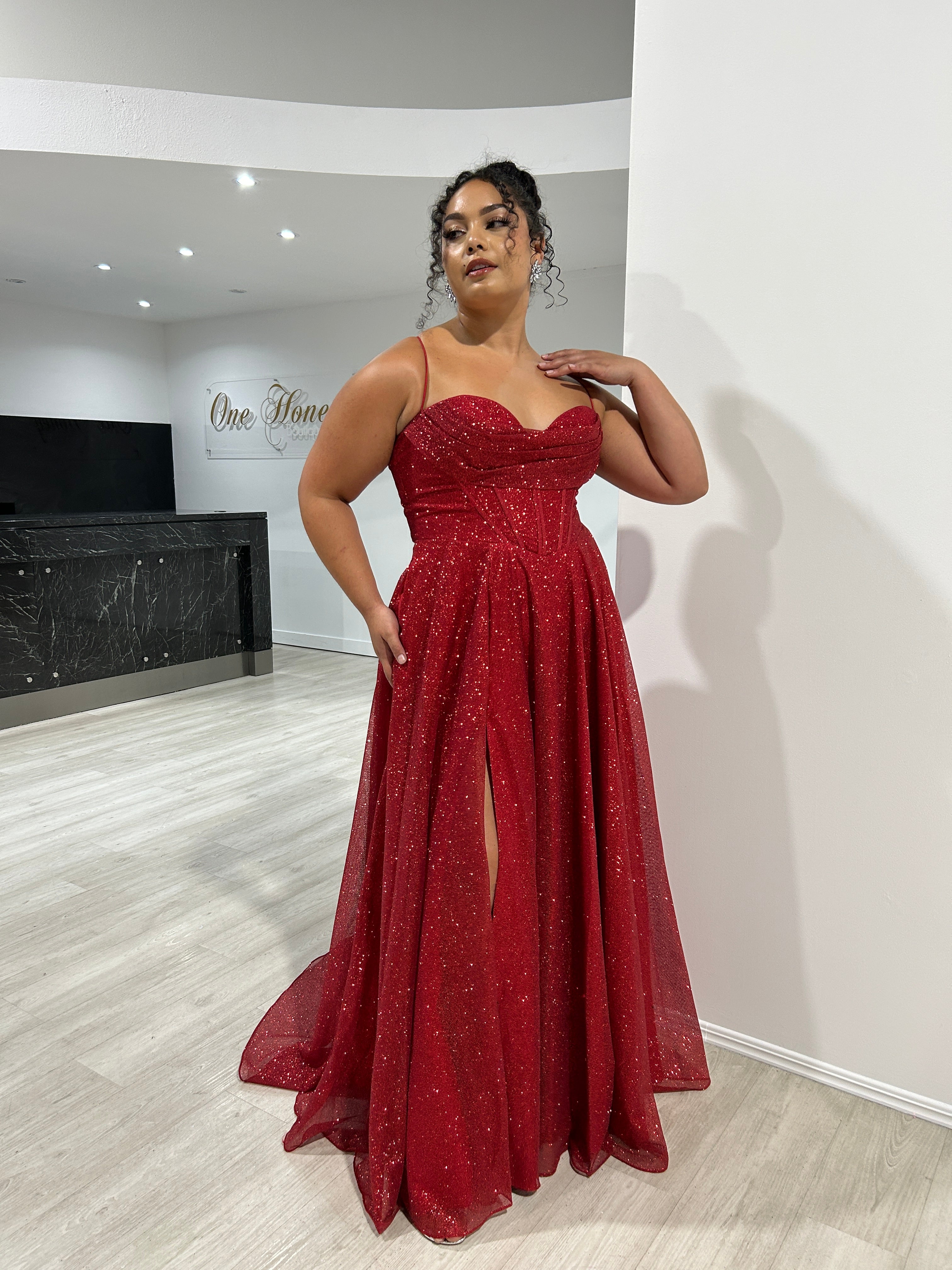 Honey Couture DREYA Curve Red Glitter Ball Gown Formal Dress